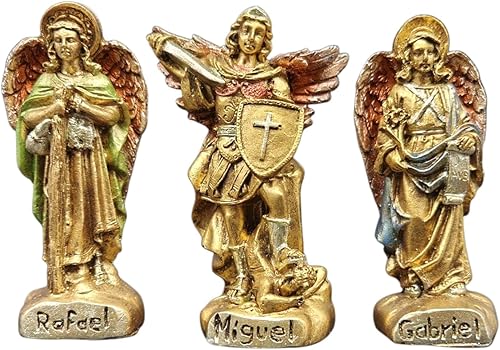 Set of 3 Decorative Archangels, Religious Figures of Raphael, Michael and Gabriel, 9 cm, Gold Finish