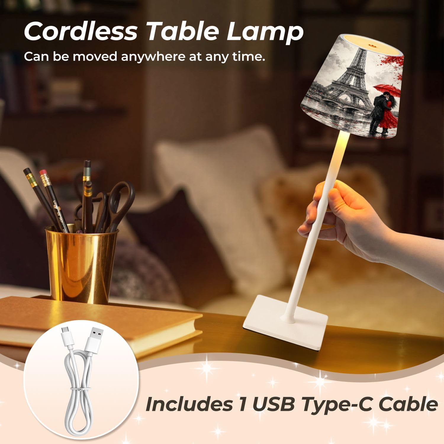 Mahjong Cordless Table Lamp Oil Painting Paris european city landscape France eiffel tower Black LED Desk Lamps Rechargeable 3 Color Dimming Outdoor for Mah Jong Table Nightstand Living Room Gift image 5