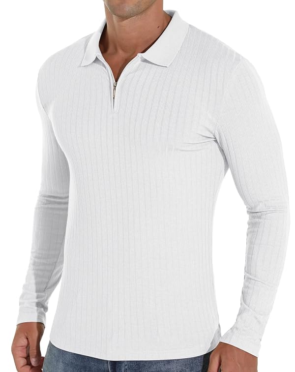 Askdeer Men's Polo Shirts Slim Fit Long Sleeve Zipper Polo T Shirt Muscle Golf Shirt Casual Classic Tee White by Askdeer - Used condition - Image 3