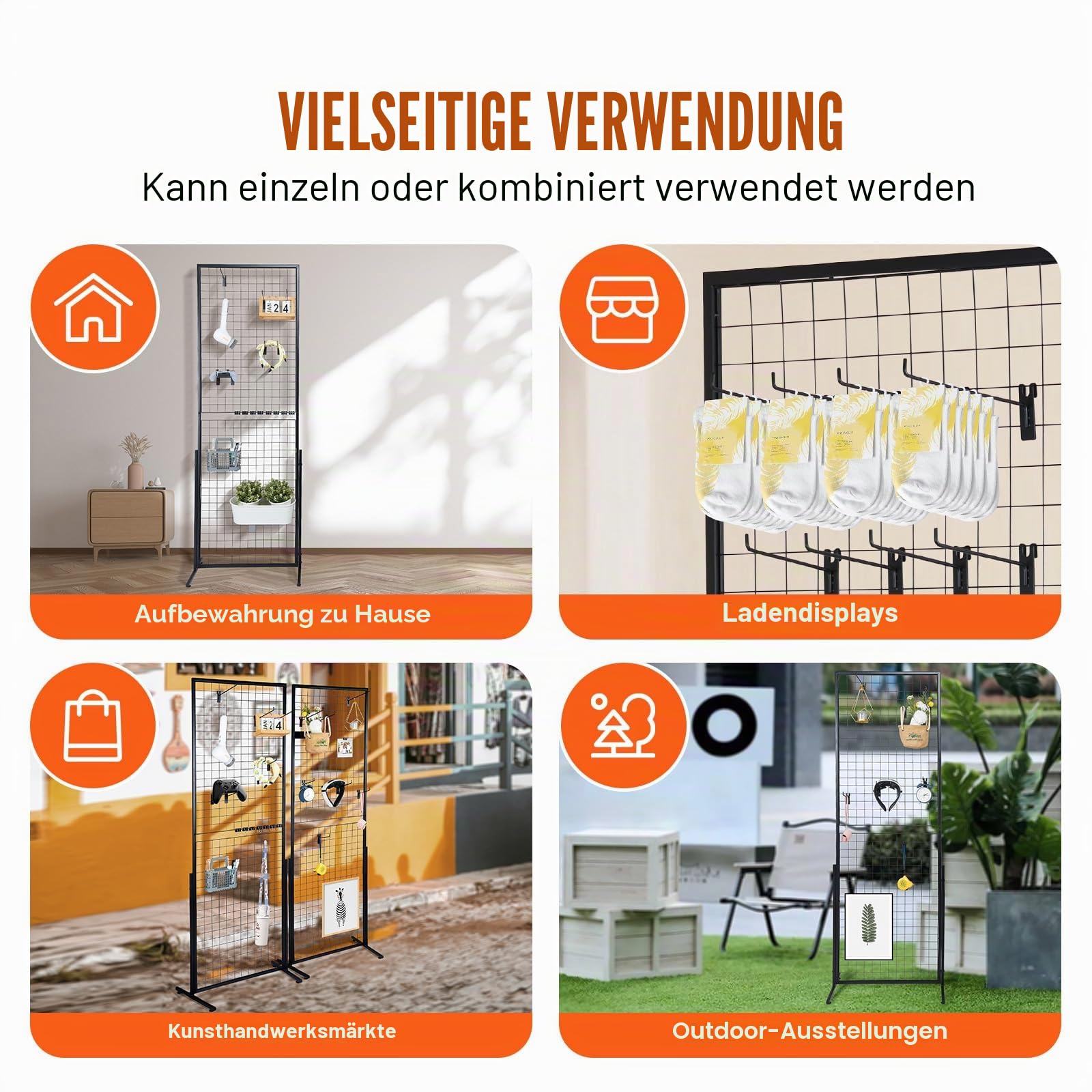 VEVOR Gitter Wandpaneele 2 Packungen Draht Gitterwand Präsentationsregale mit T Boden, doppelseitige Gitterwandpaneele für Kunsthandwerksshows, Einzelhandelsdisplay mit zusätzlichen Clips und Haken
