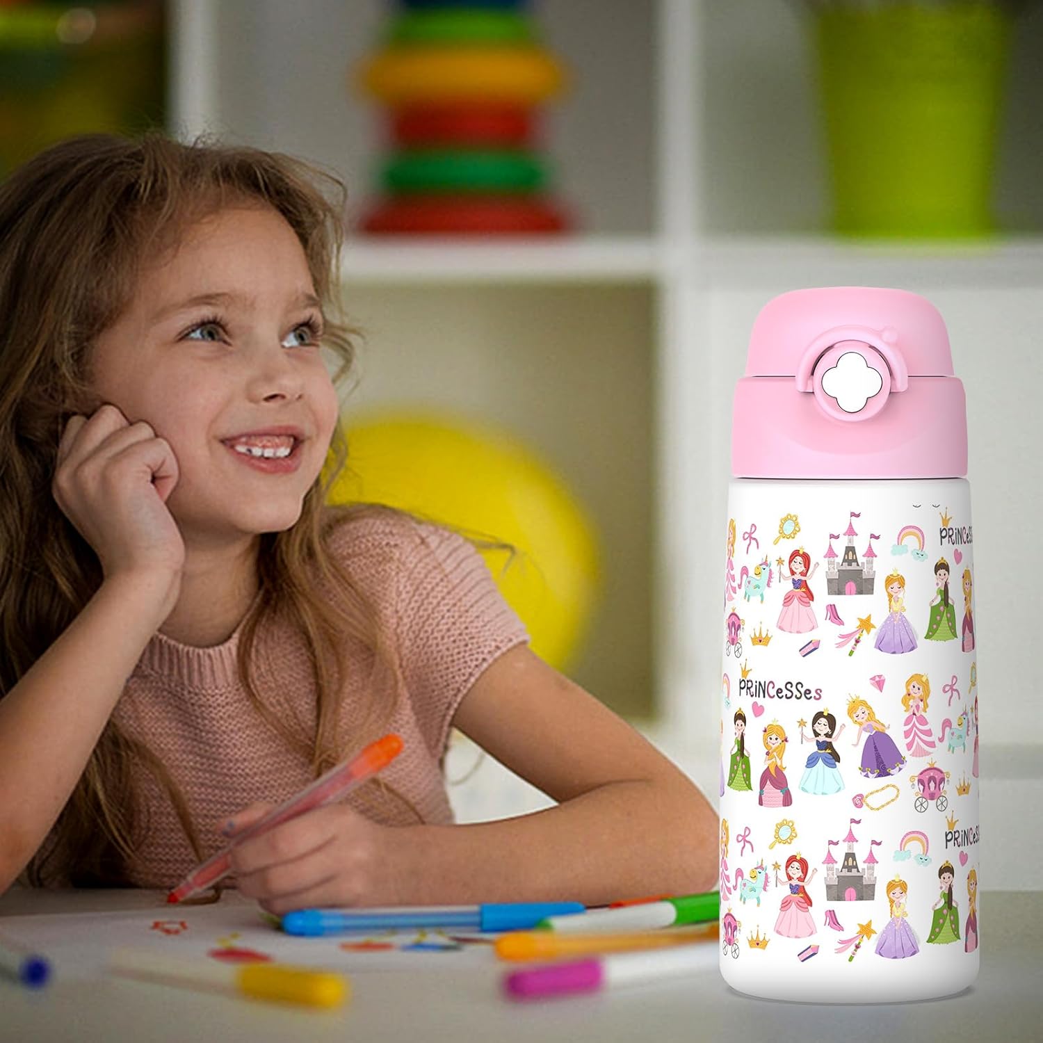 Girls Insulated Water Bottle with Covered Pop-Up Straw,16 oz Kids Cups with Stainless Steel Leak Proof for School Pink(Princess) - Image 5