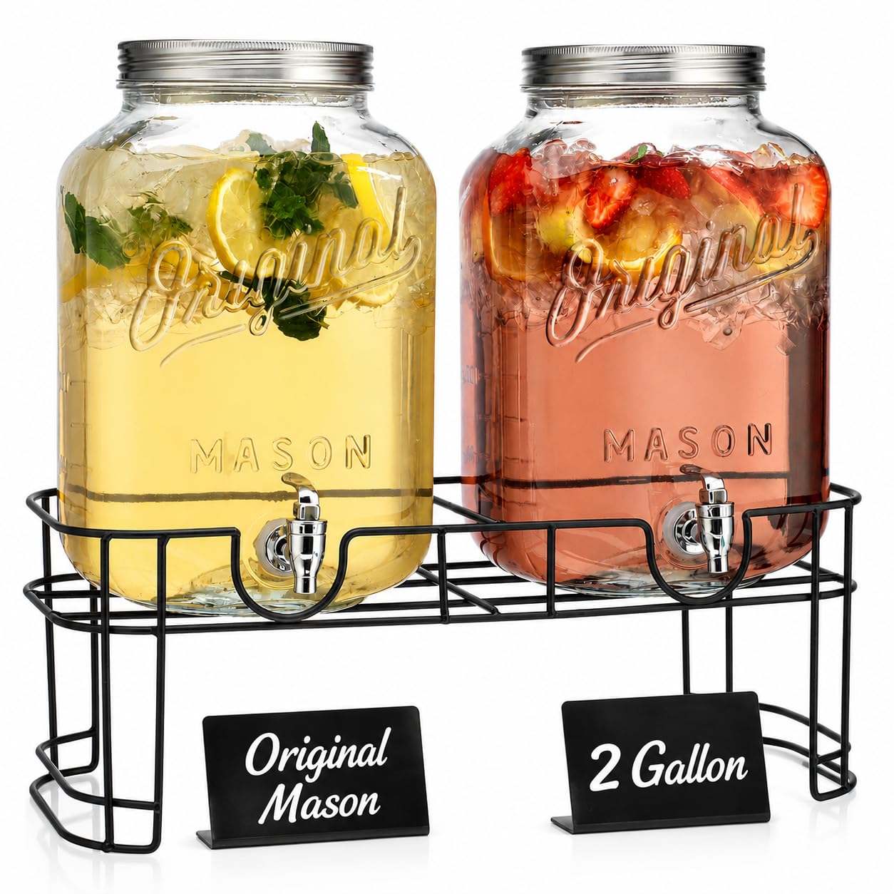 2 GALLON - 2 PACK Glass Drink Dispensers for Parties, Mason Jar Beverage Dispensers with Metal Stand, Glass Water Dispenser with Spigot, Laundry Detergent Dispenser