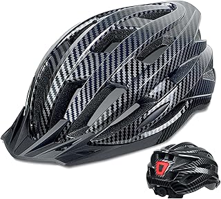 Bike Helmet for Adult Men Women with Multi-Mode Rear LED Light, with Suggested Fit 56-62cm, Lightweight with Adjustable Dial, Side and Chin Strap, Carbon Black Shiny Surface