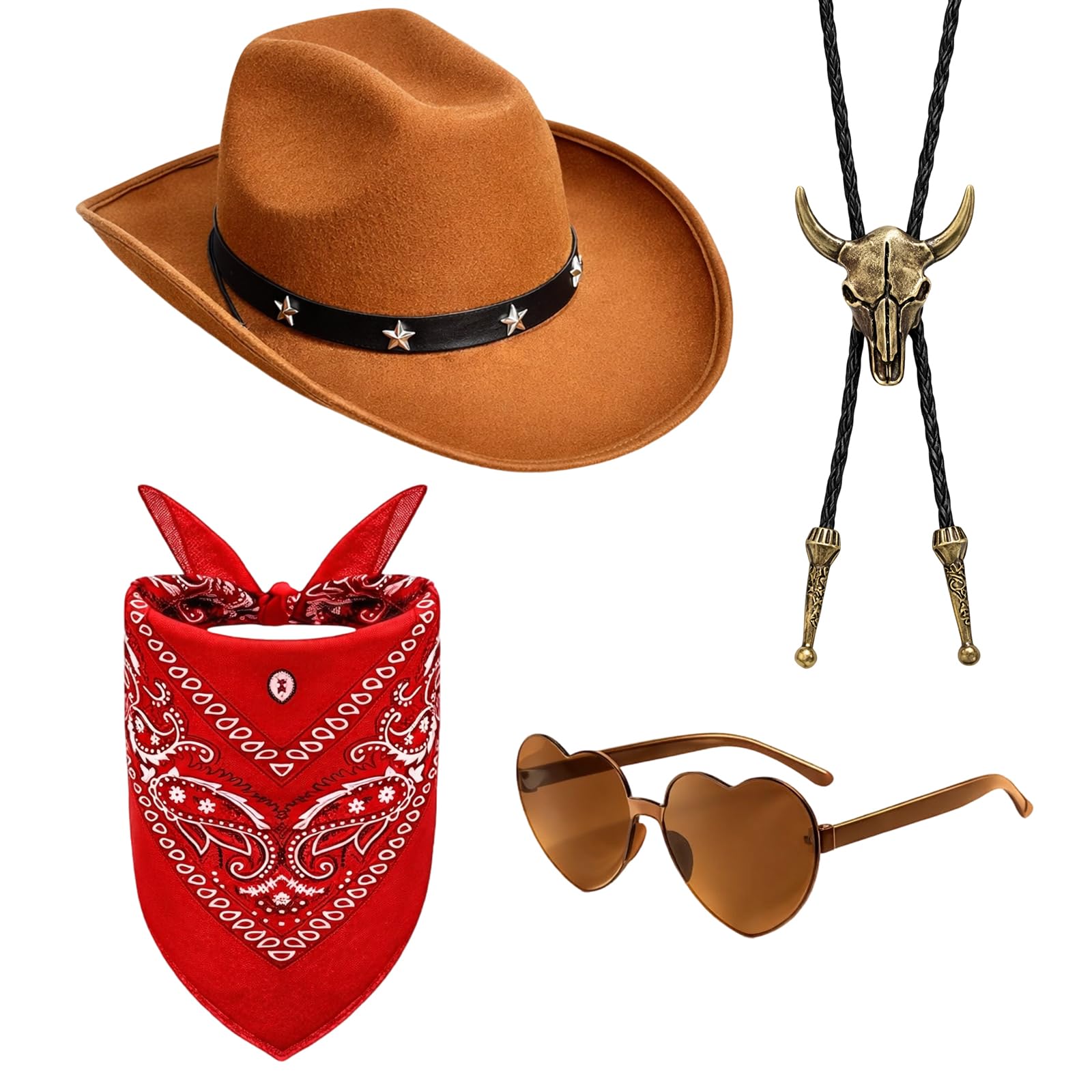 YREYBN 4 Pack Western Cowboy Hat, Cowboy Outfit and Cowboy Accessories Set, Brown Hat + Heart Glasses + Red Scarf + Bull Head Necklace, Cowgirl Outfit for Themed Parties and Events
