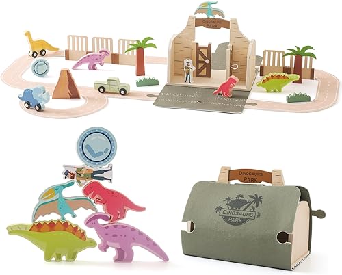 Juego de tren de dinosaurio para niños de 1 año en adelante, juego de tren de juguete de madera para niños pequeños, juguetes educativos Montessori