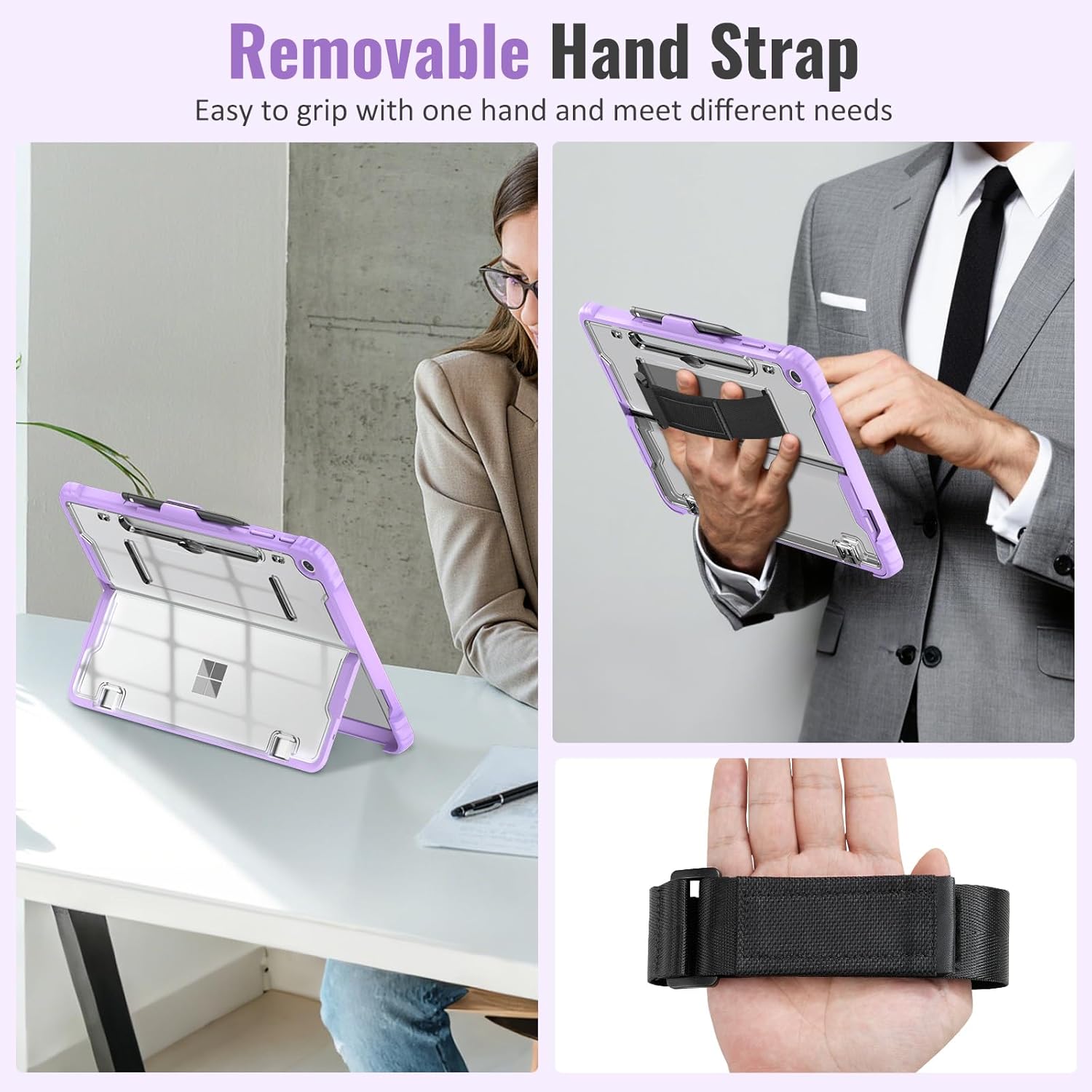 TiMOVO Case for Microsoft Surface Pro 12 Inch 2025 with Pen Holder, Rugged Clear Back Protective Cover with Removable Hand Strap, Compatible with Type Cover Keyboard, Violet