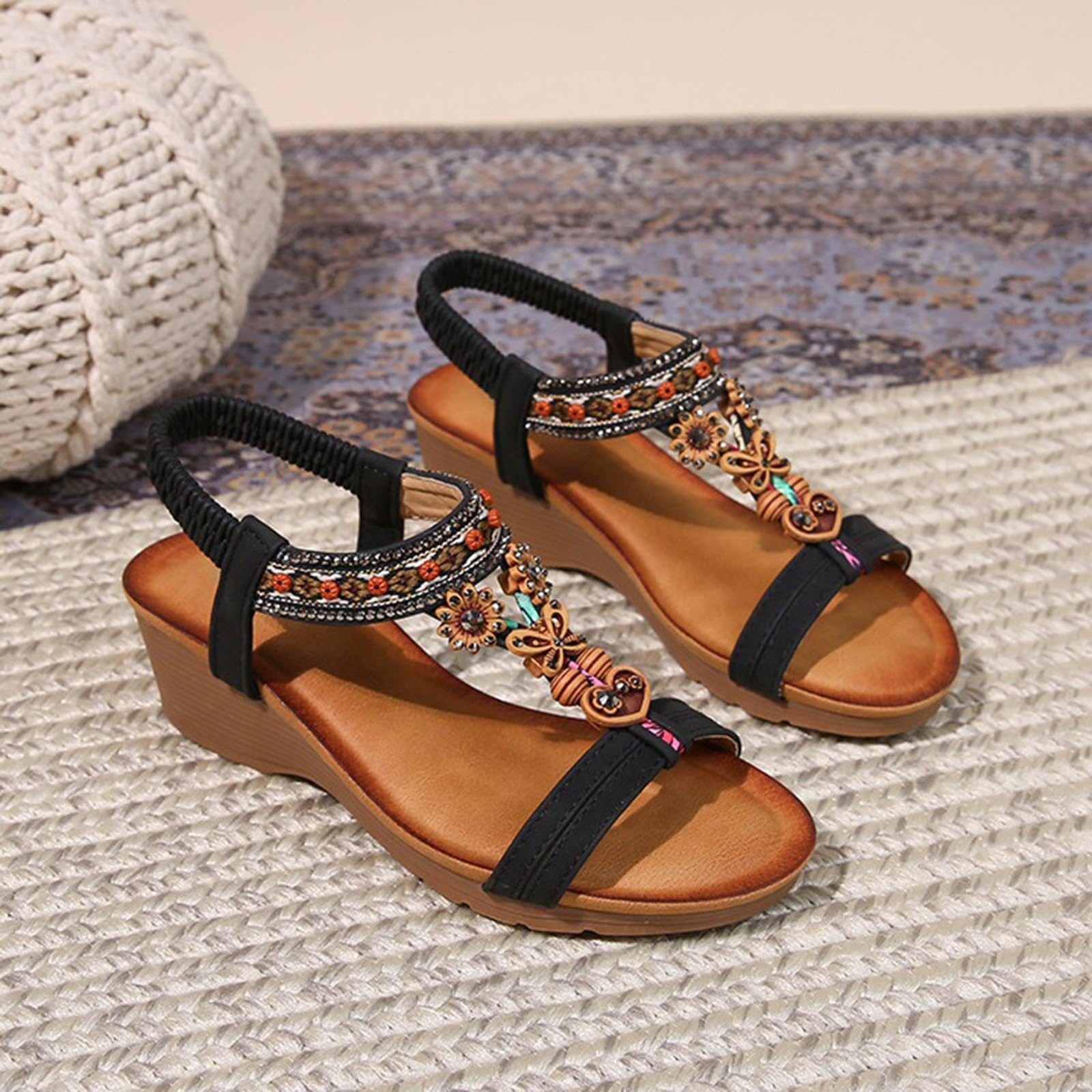 Sandali da donna nuova estate comodi e alla moda retrò stile etnico leggero spiaggia vacanza tacco elastico fondo spesso zeppa sandali casual scarpe da donna taglia 12 larghezza larga