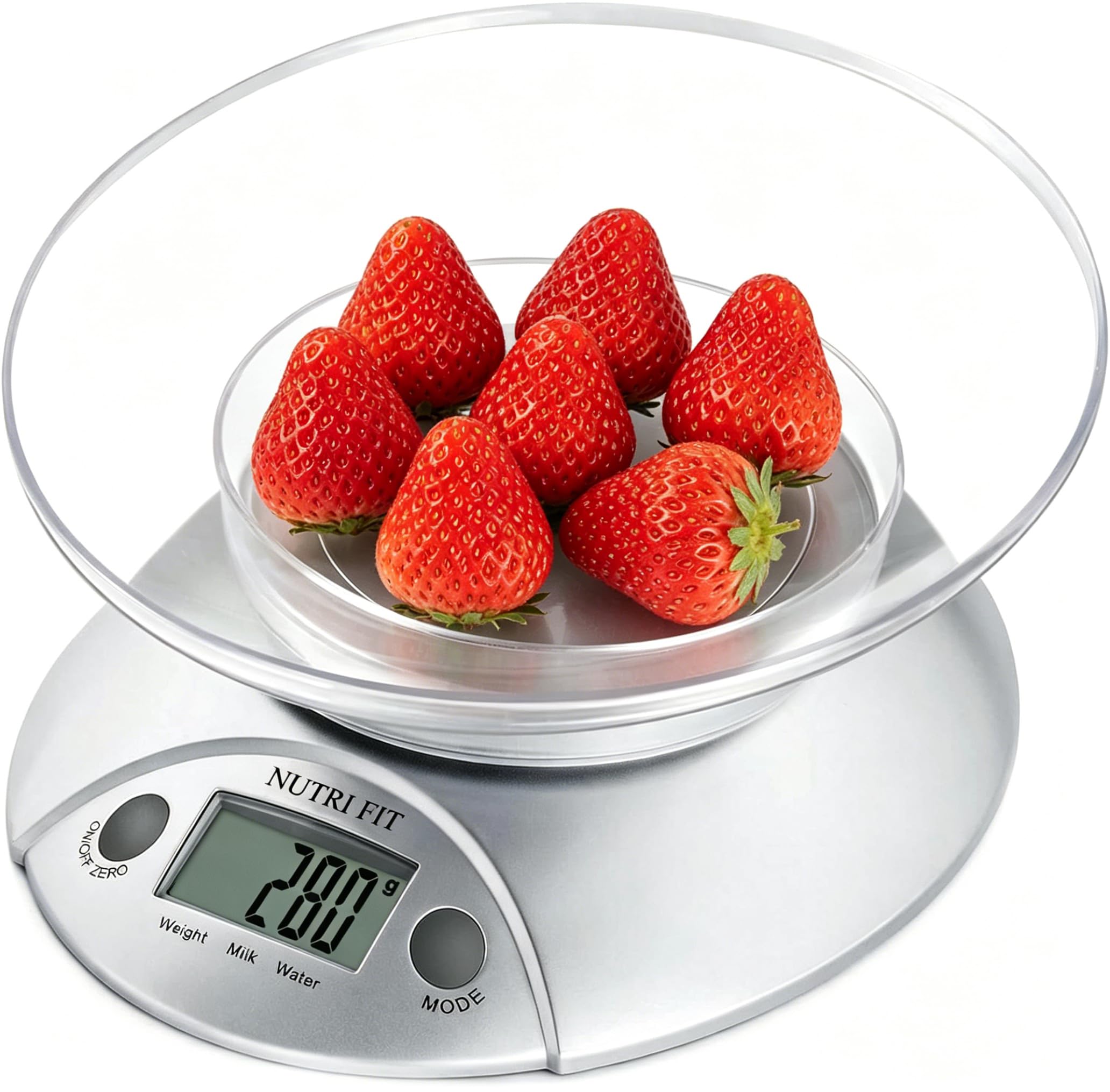 NUTRI FIT Digital Kitchen Scales with Bowl Electronic Food Weight Scales 0.6L Bowl Liquids in ml and fl. Oz. Tare Function LCD Display Easy Storage, 5kg/11lb, 2xAAA Batteries(Included)-Silver