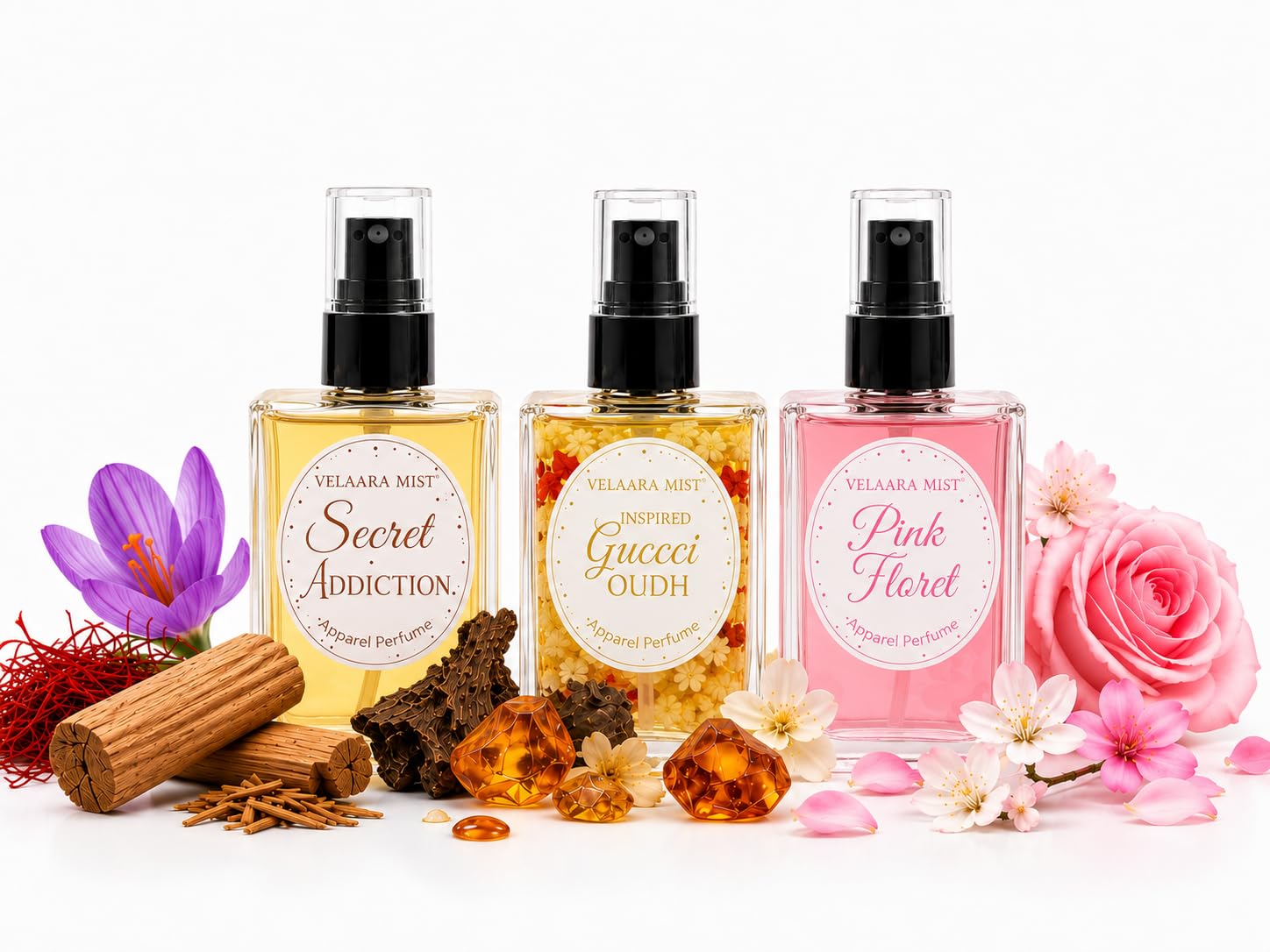 Vellara Mist Perfume Set for Women Pack of 3 – Secret Addiction (Sandalwood & Saffron), Inspired GC Oudh (Oud Floral Amber Musk), Pink Floret (Soft Floral Petals) – Long Lasting Luxury Fragrance Perfume Spray travel Friendly Set of 3 (30 ml each)-image-10