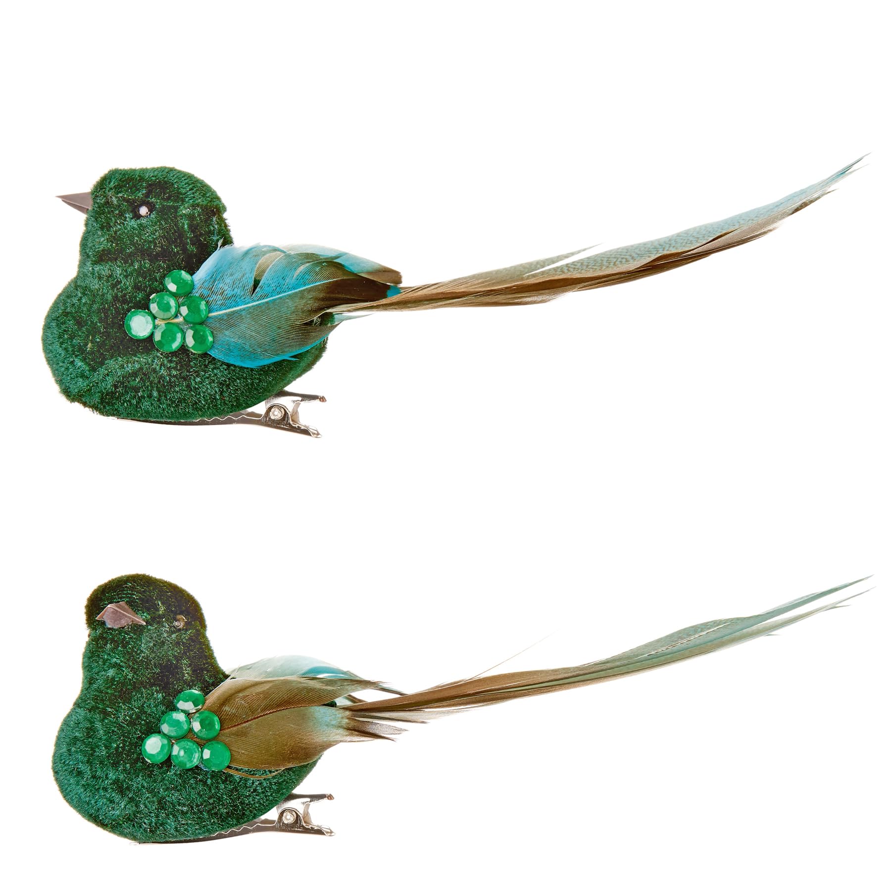 Widdle Gifts Green Christmas Tree Bird Decorations On Clip With Feathers 15Cm Set Of 2 - 9197