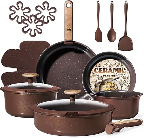 CAROTE Pots and Pans Set, Ceramic Cookware Set Non Stick with Detachable Handle, RV Kitchen Cooking Set, Induction & Oven Safe, Non-Toxic, PFAS and PFOA Free, Dark Choco, 19 Pcs - 64% off