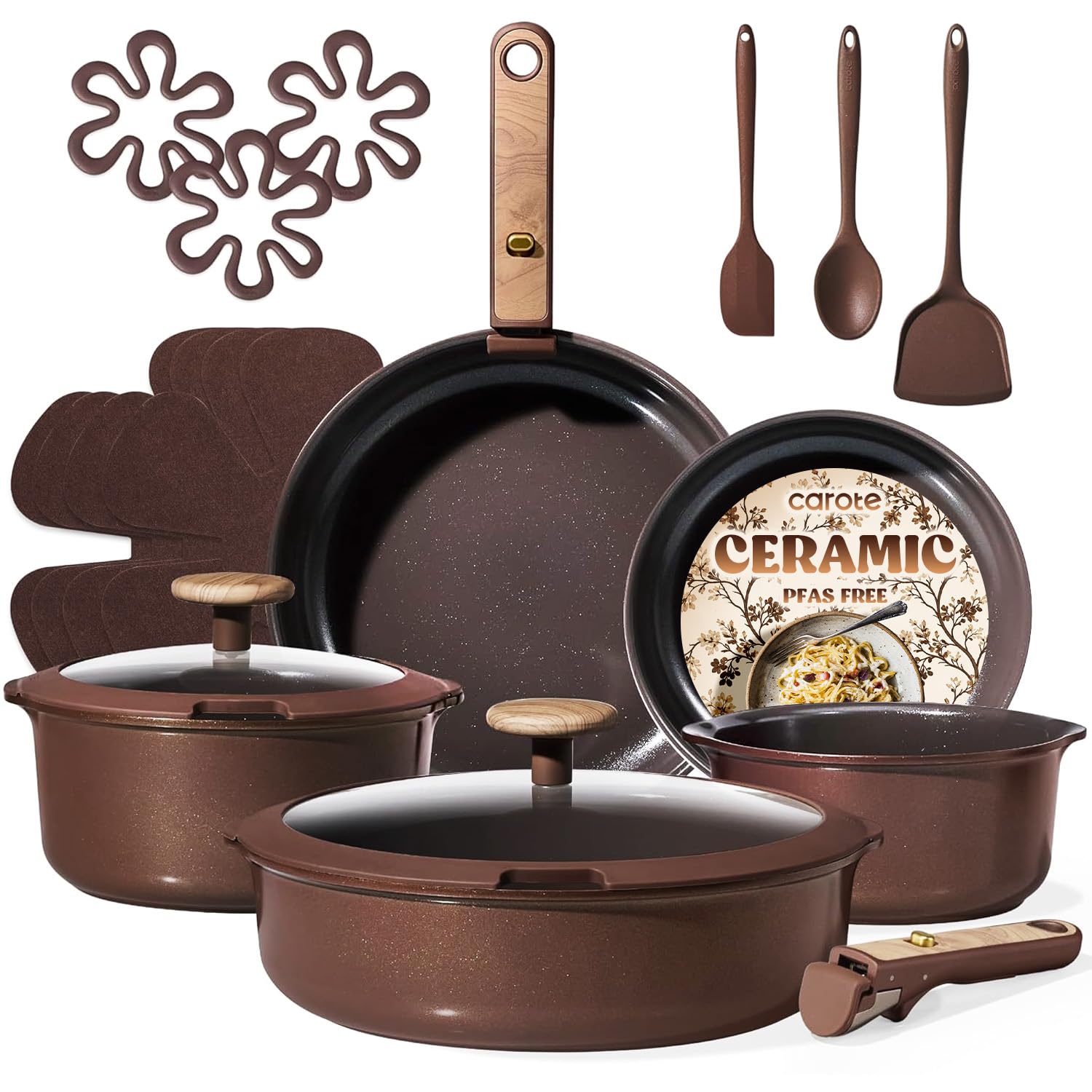 CAROTE Pots and Pans Set, Ceramic Cookware Set Non Stick with Detachable Handle, RV Kitchen Cooking Set, Induction & Oven Safe, Non-Toxic, PFAS and PFOA Free, Dark Choco, 19 Pcs