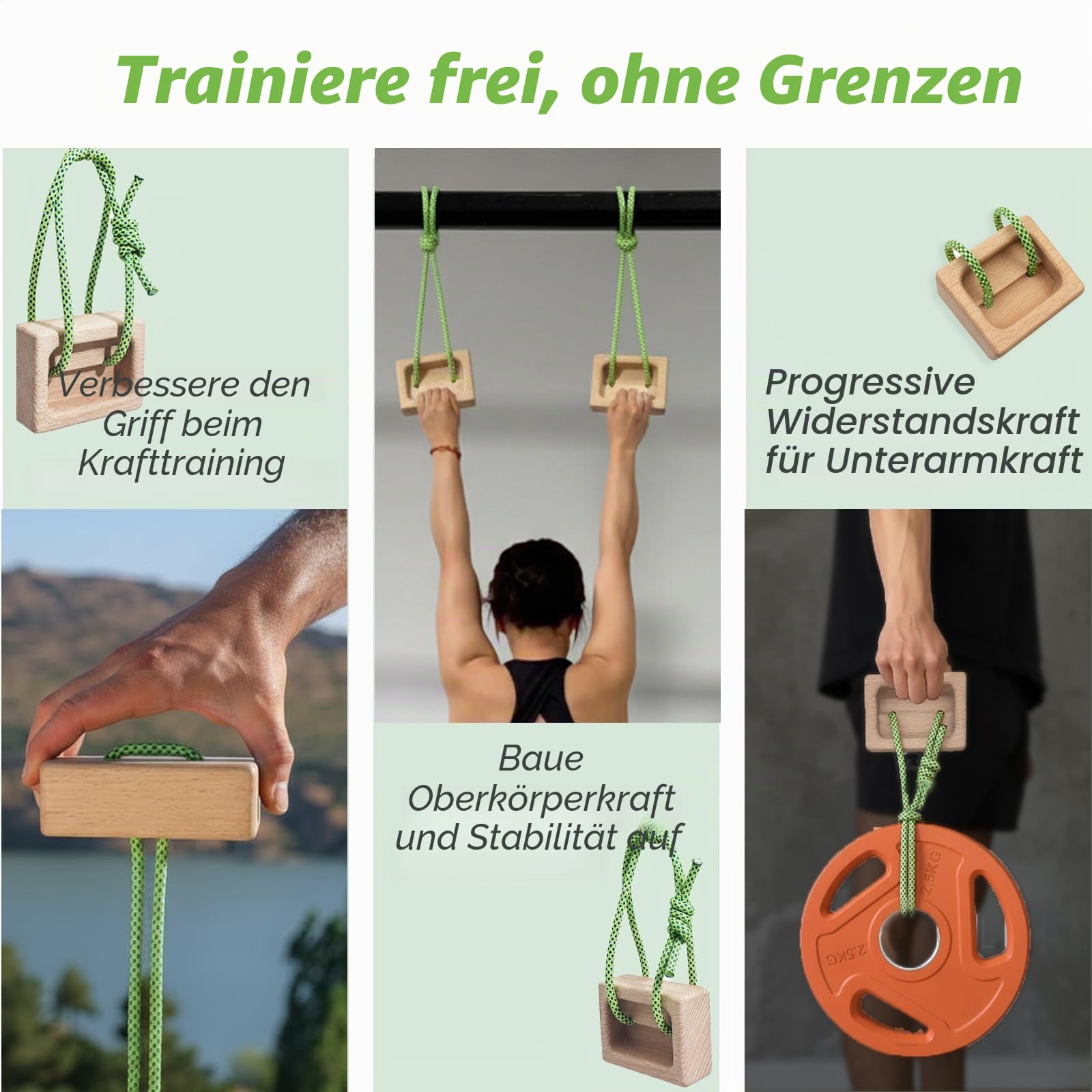 J Bryant Tragbares Holz-Trainingsboard für Kletterer – Doppel-Tiefen-Fingerboard zur Griff- und Unterarmkraft-Übung – Buchenholz mit Seilen & Karabinern