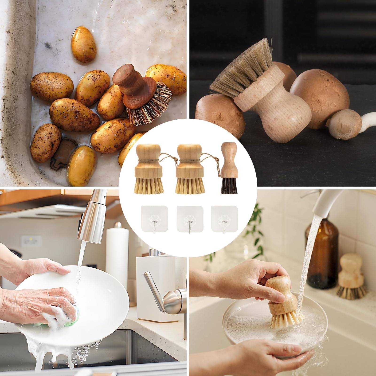 Juego de 6 cepillos de champiñones, con tres ganchos, respetuoso con el medio ambiente, cepillo de champiñones, cepillo de verduras, cepillo de bambú para patatas, limpieza de cocina, baño, limpieza
