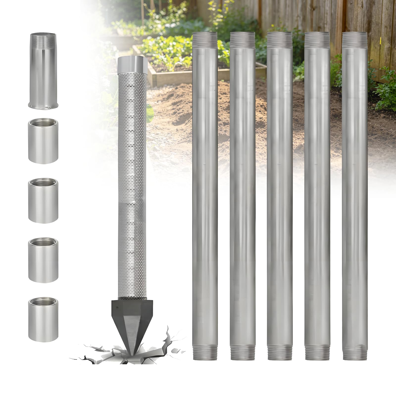 Gavscient Well Drive Point Kit,1-1/4 Stainless Steel Well Point+3Pk 39" 1-1/4 Galvanized Drive Point Well Pipes,Heavy Duty Shallow Well Drilling Kit for Drive Sand Point Well 6m