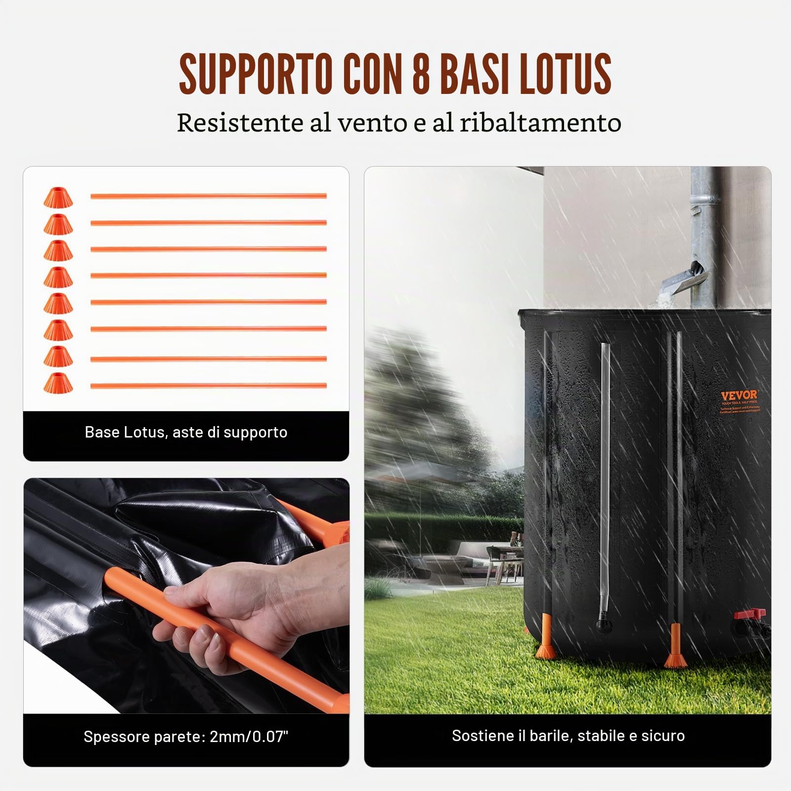 VEVOR Barile per Pioggia Pieghevole 68 x 60 x 90 cm Barile Portatile per Raccolta Acqua Piovana 250 L Sistema Raccolta Acqua Piovana con Rubinetti, Barile Acqua per Raccoglitore d'Acqua da Giardino