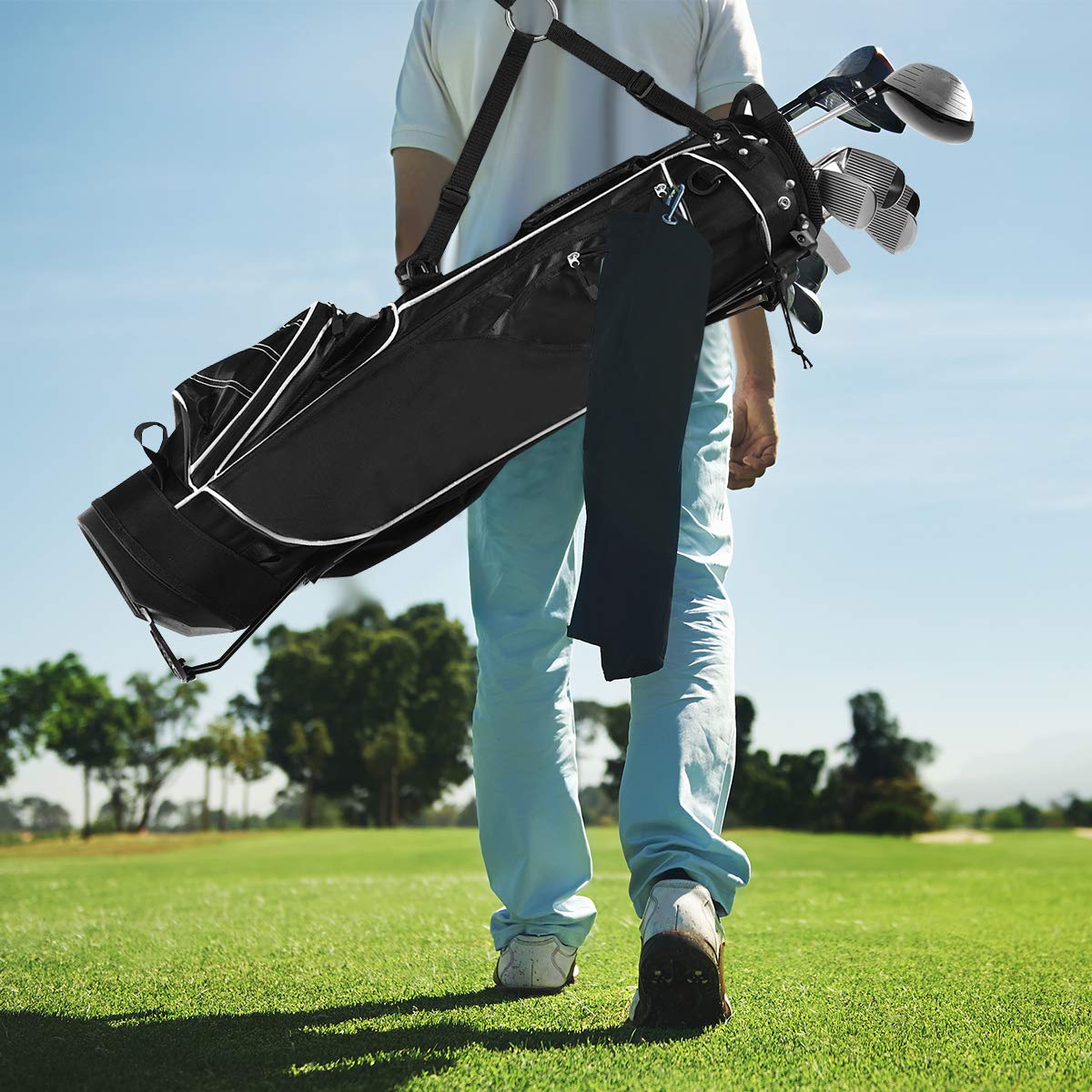 COSTWAY Golfbag, Golf Stand Bag mit Standfüßen, Regenhaube & 4-facher Unterteilung, tragbare Pencil Bag mit Kopfteil & Tragegurt, leichte Golftasche für Damen & Herren