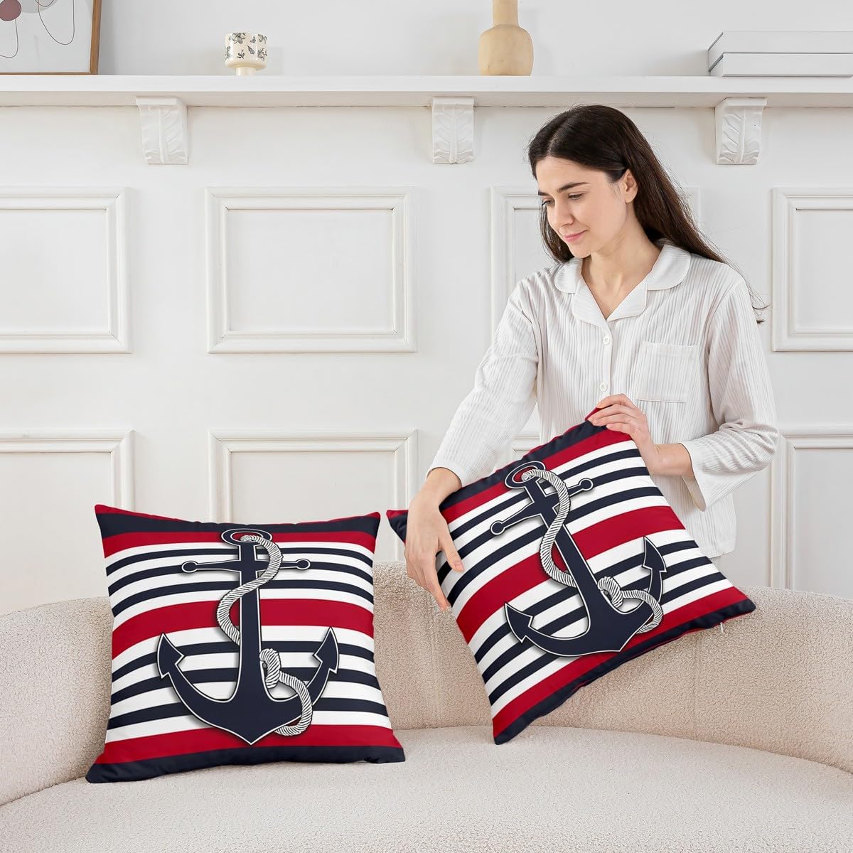Feelyou Anchor Decor Pillow Covers Home Decor Nautical Themed Ocean Reversible Throw Pillow Covers for Coastal Sea Adventure Duvet Navigation Blue Red Stripe Cover 22 x 22-Inch