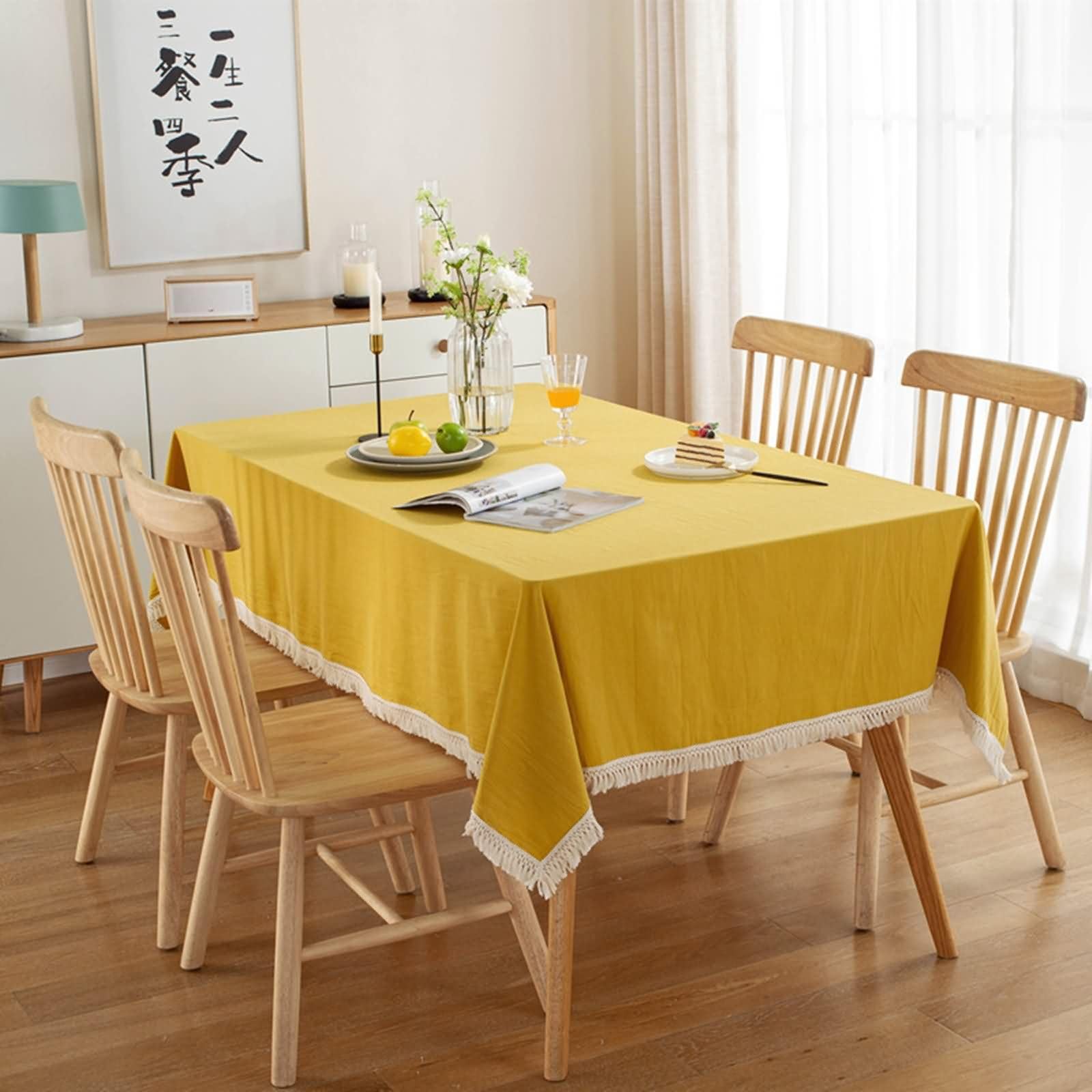 Mantel Rectangular Amarillo, Color Sólido con Borlas, de Algodón Suave, 140 x 250 cm, Mantel para Comedor y Cocina