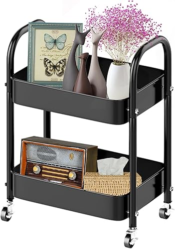 Melody House Carrito de almacenamiento de 2 niveles totalmente metálico con asa y ruedas de bloqueo, cocina, lavandería, oficina, organizador de