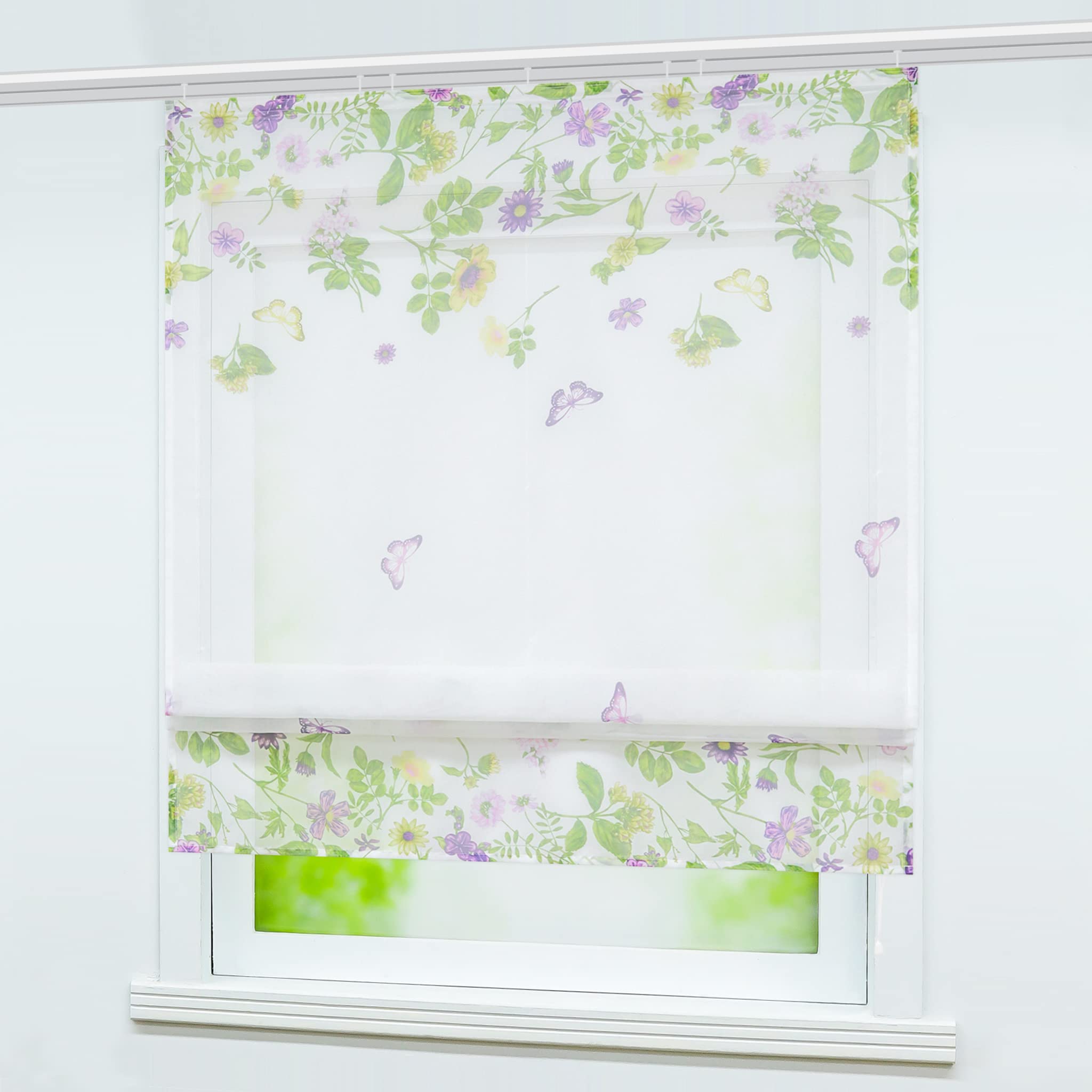 Joyswahl Viole Raffrollo mit Blumen-Schmetterlingdruck fabenfrohe halbtransparent Bändchenrollo mit Klettband1er,BxH 120x140cm