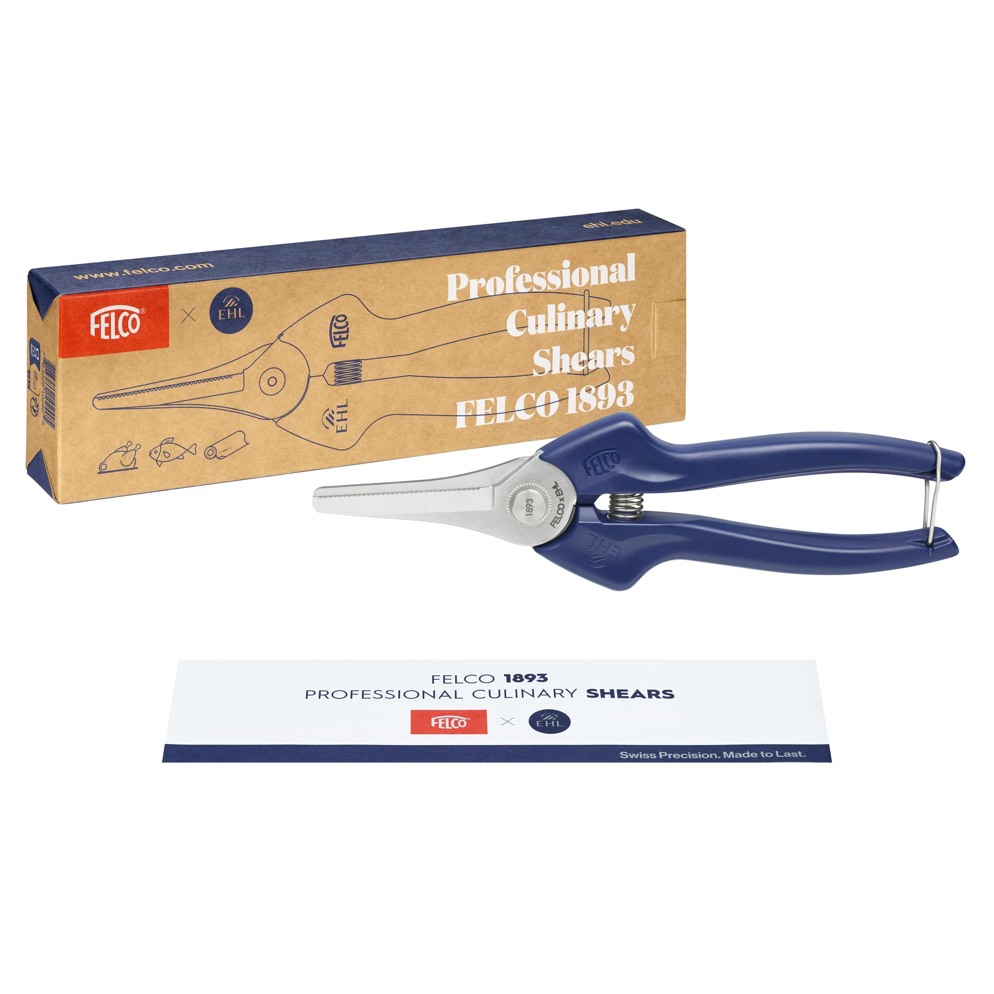 FELCO 1893 Professionelle Küchenschere - Zusammenarbeit mit EHL, chirurgischer Edelstahl, verstärkte gezahnte Klingen, ergonomische Anti-Schock-Griffe, spülmaschinenfest, Länge 208 mm, Gewicht 140 g