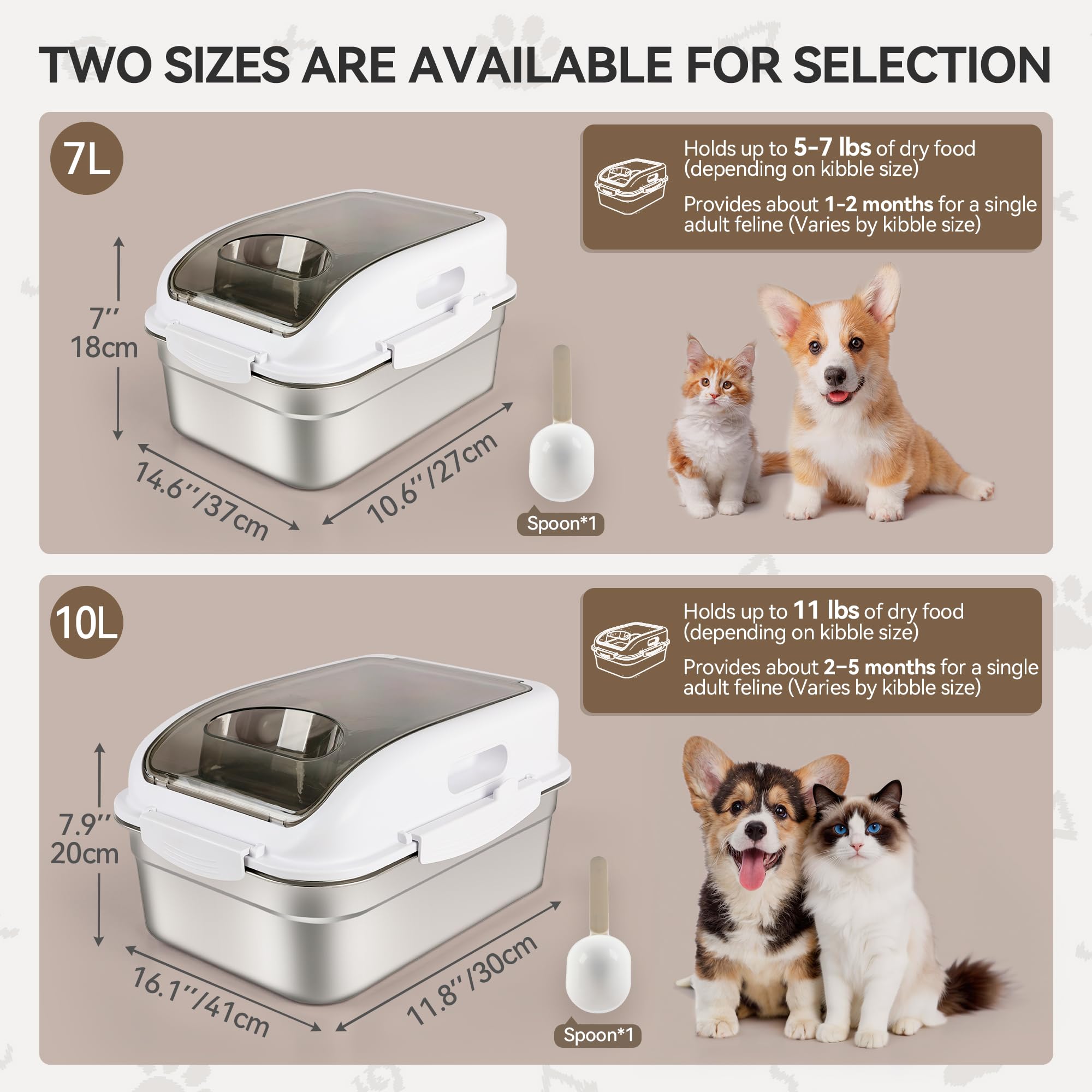 ALL FOR PAWS Aufbewahrungsbehälter für Tierfutter aus Edelstahl mit luftdichtem Deckel und Messlöffel, 304 Edelstahl-Behälter für kleines Hundefutter & Leckerlis, Katzenfutter, Vogelfutter (10L)