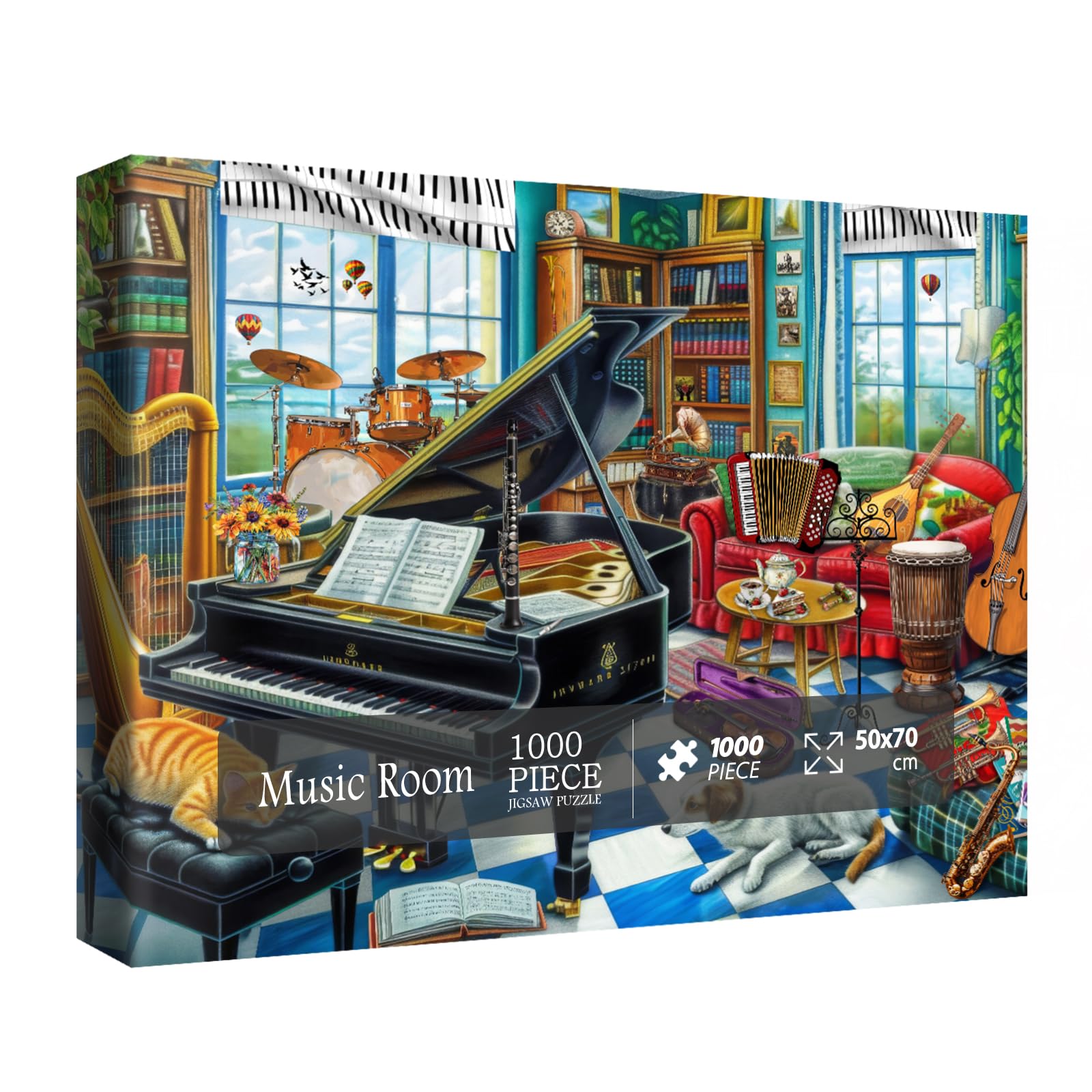 Music Room Puzzles for Adults 1000 Pieces, Pretty Musical Art Jigsaw Puzzles, Funny Cat Dog Puzzles
