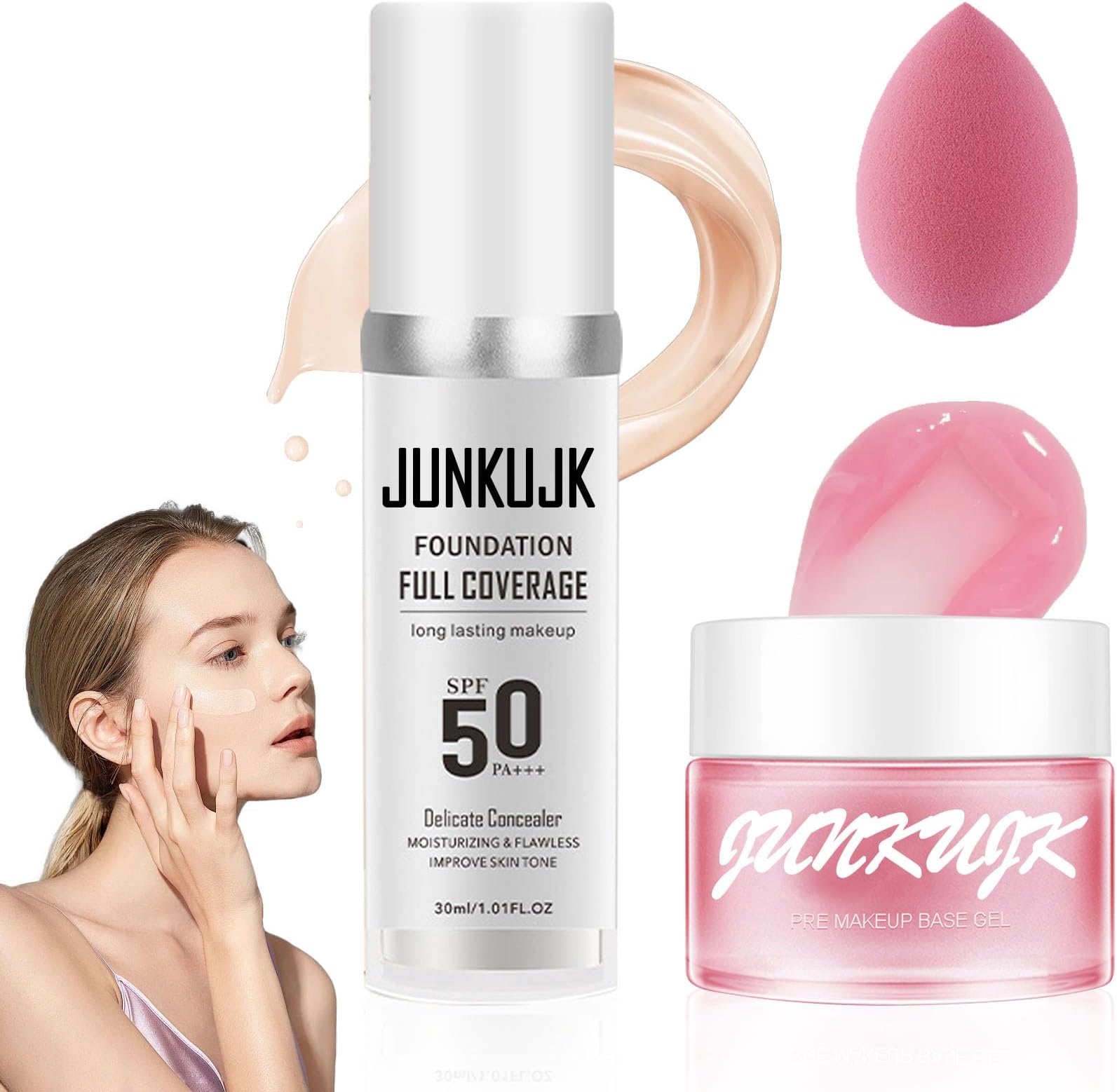 Color Changing Foundation Set,Flawless Liquid Foundation Full Coverage with Makeup Base Gel & Makeup Sponge Egg