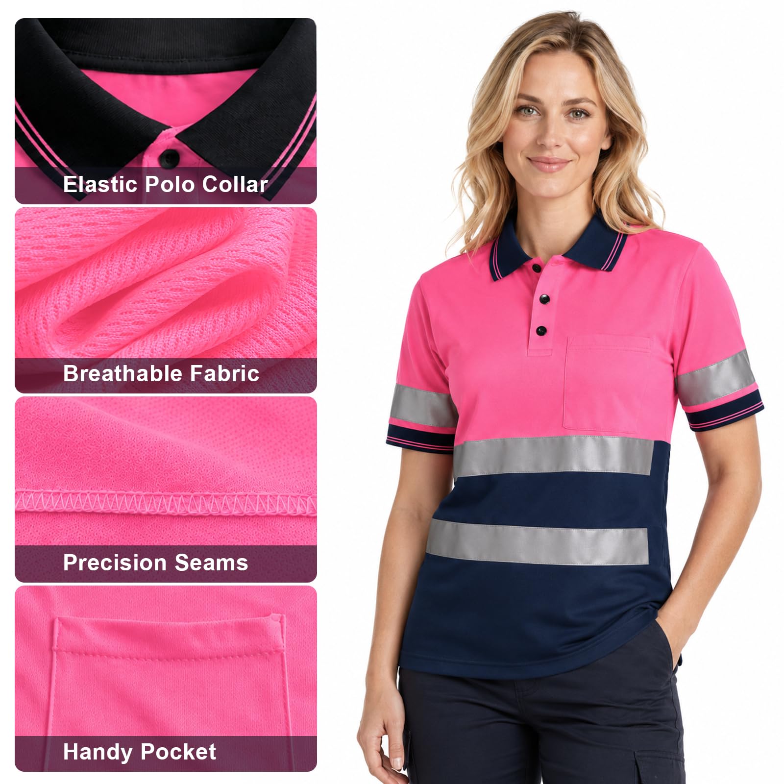 SMASYS Polo de seguridad, construcción reflectante, ropa de trabajo de alta visibilidad, camisetas con bolsillos para mujeres y hombres, rosa- azul marino, 5XL