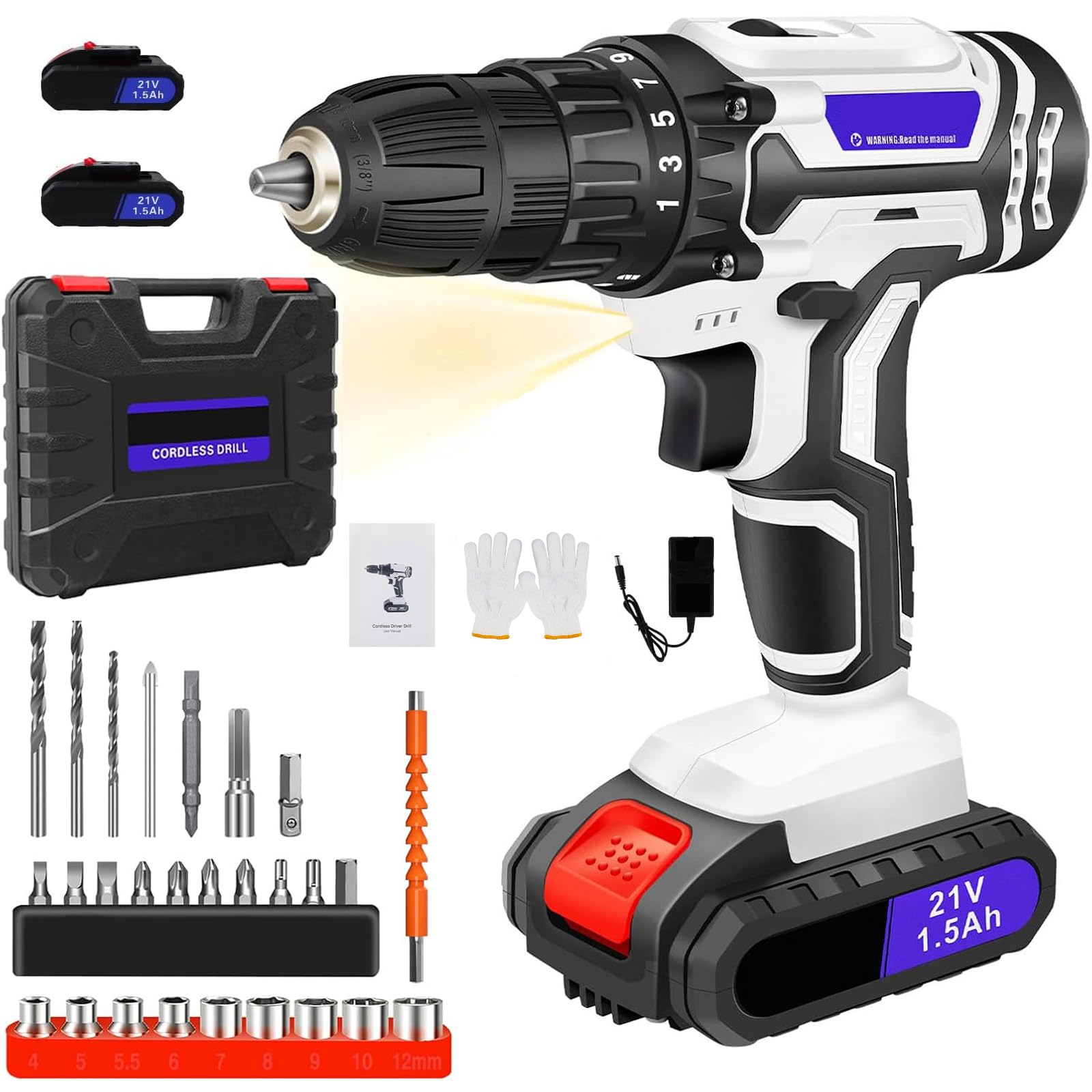 Perceuse-visseuse Sans Fil Compatible avec 2 Batteries et chargeur 21V, Marteau Perforateur Visseuse Devisseuse Électrique Multifonction avec LED, embrayage 20+1, Couple de 45 N.m, 26 Accessoires