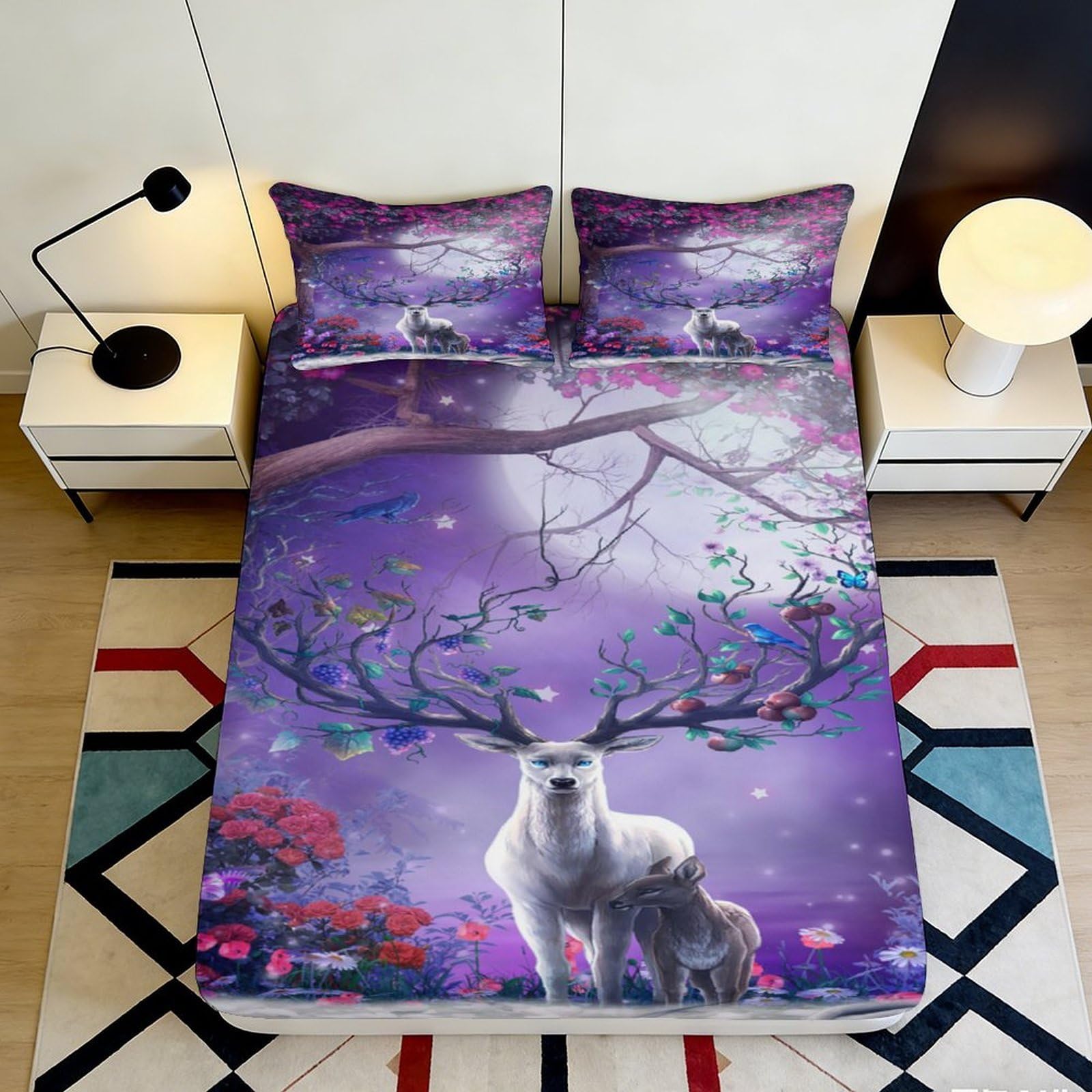 3D Printed Purple Fantasy Deer Fitted Sheet Microfiber Soft Anti-Slip Forest Mattress Cover Bedroom Decor 90x200x25cm