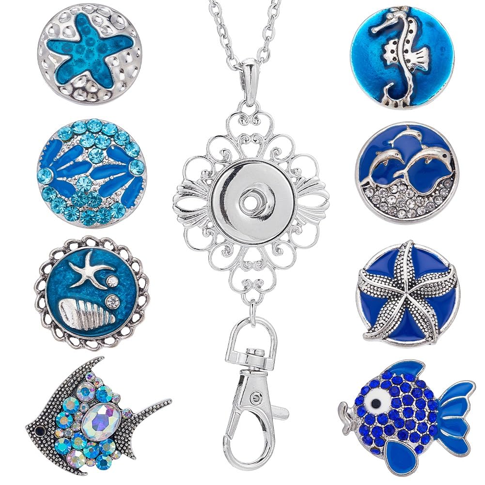 Cordons pour badges interchangeables en strass bleus et motif poisson