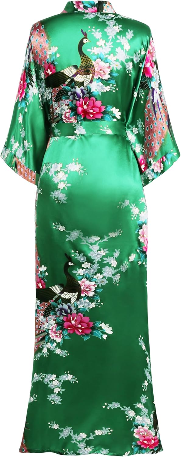 BABEYOND Women's Kimono Robe Long Satin Robes with Peacock and Blossoms Printed Kimono Nightgown - Image 2