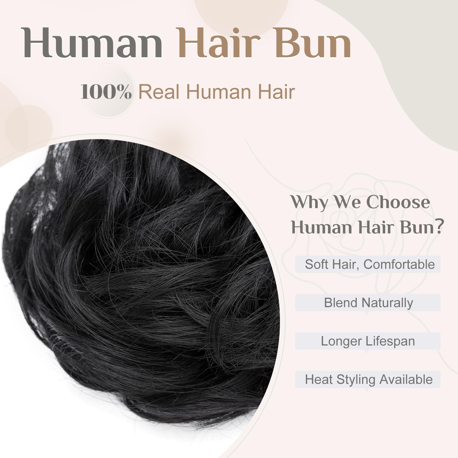 Elailite Human Hair Messy Bun Hair Piece Real Hair Remy Hair Covered Scrunchies Donuts Updo Chignon For Women - #01 Jet Black - Image 3