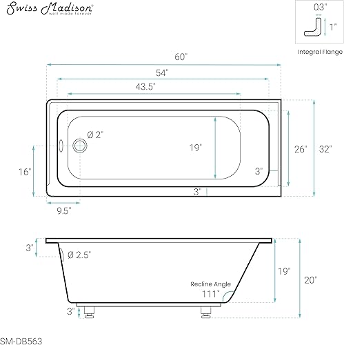 Miniatura 87 de Swiss Madison Well Made Forever SM-DB561 Voltaire - Bañera acrílica de drenaje para zurdos de 48 x 32 pulgadas, 48 x 32 pulgadas, color blanco