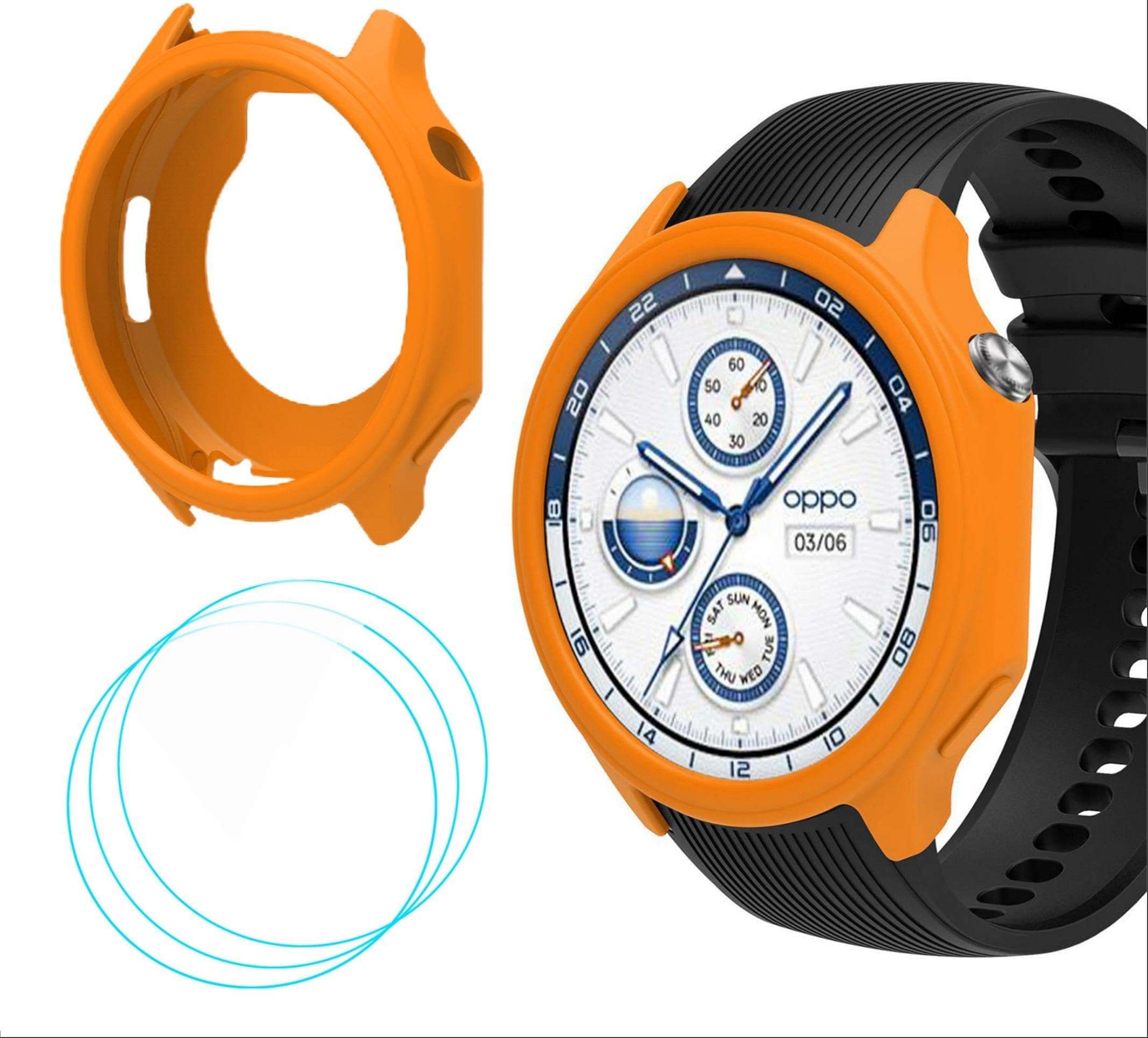 GIOPUEY Silicone Case Compatible with OnePlus Watch 2/OPPO Watch X, with 3 Pack Screen Protector Flim, Soft TPU Silicone Protective Case Cover, OnePlus Watch 2/OPPO Watch X Cover - Orange