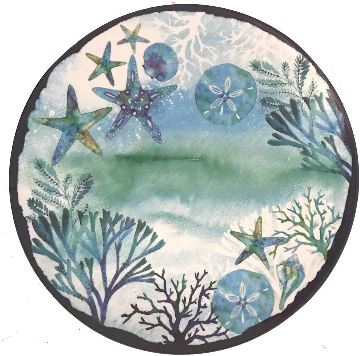 17.5-Inch Sea Life Ocean Themed Pool-Safe Shatterproof Round Melamine Serving Platter (Teal Blue Starfish Shells and Coral)