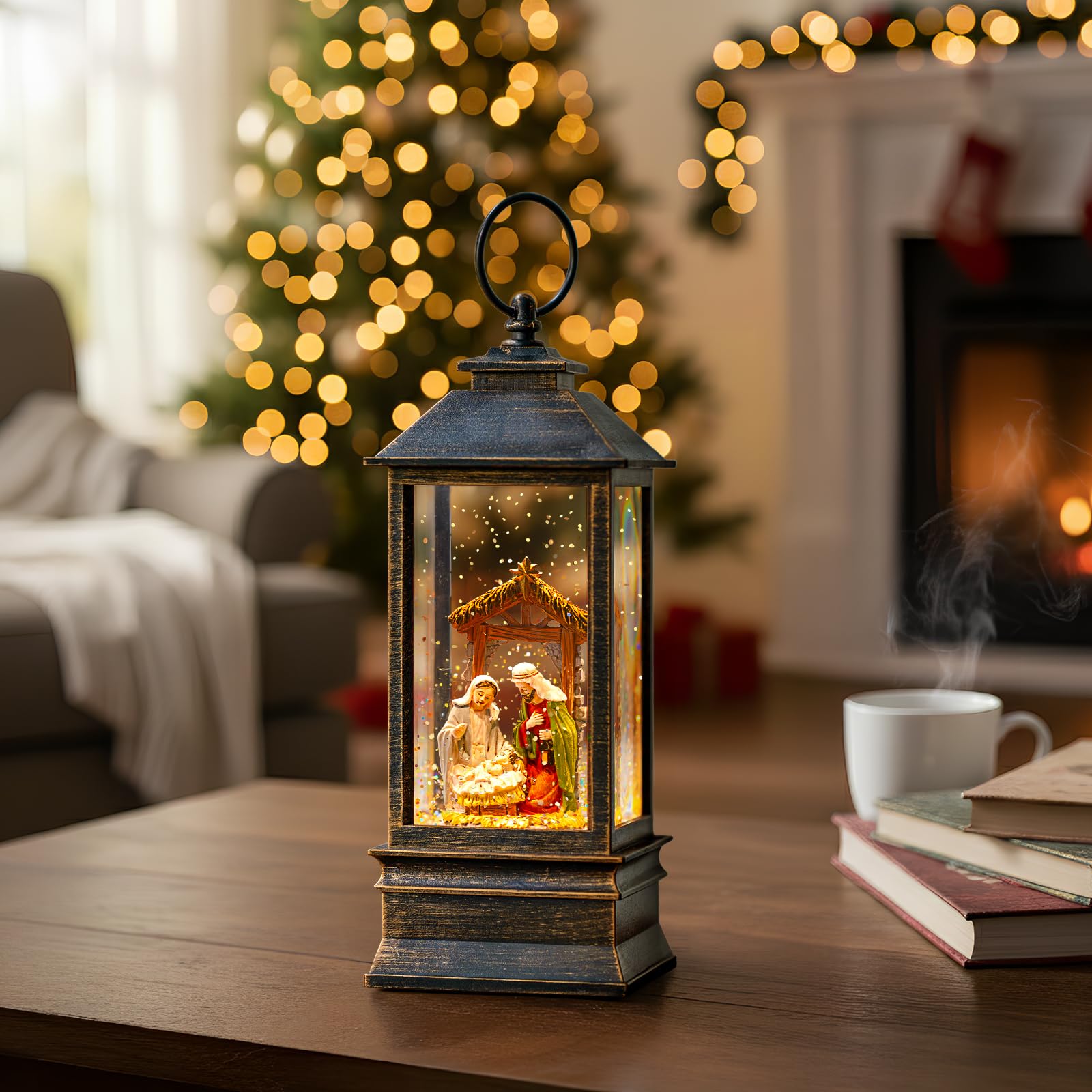 Linterna musical de globo de nieve de 10 pulgadas iluminada con escena de pesebre, farol de agua, remolino brillante, decoración del hogar y regalo, funciona con pilas o alimentado por USB