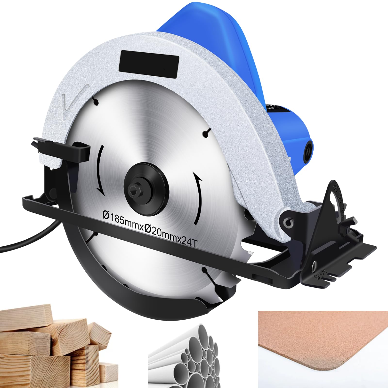 Sega circolare elettrica 1500 W 5000 giri/min per plastica metallica morbida, sega a immersione con profondità e angolo di taglio regolabili: 55 mm (45 °) - 57 mm (90 gradi), leggera e portatile