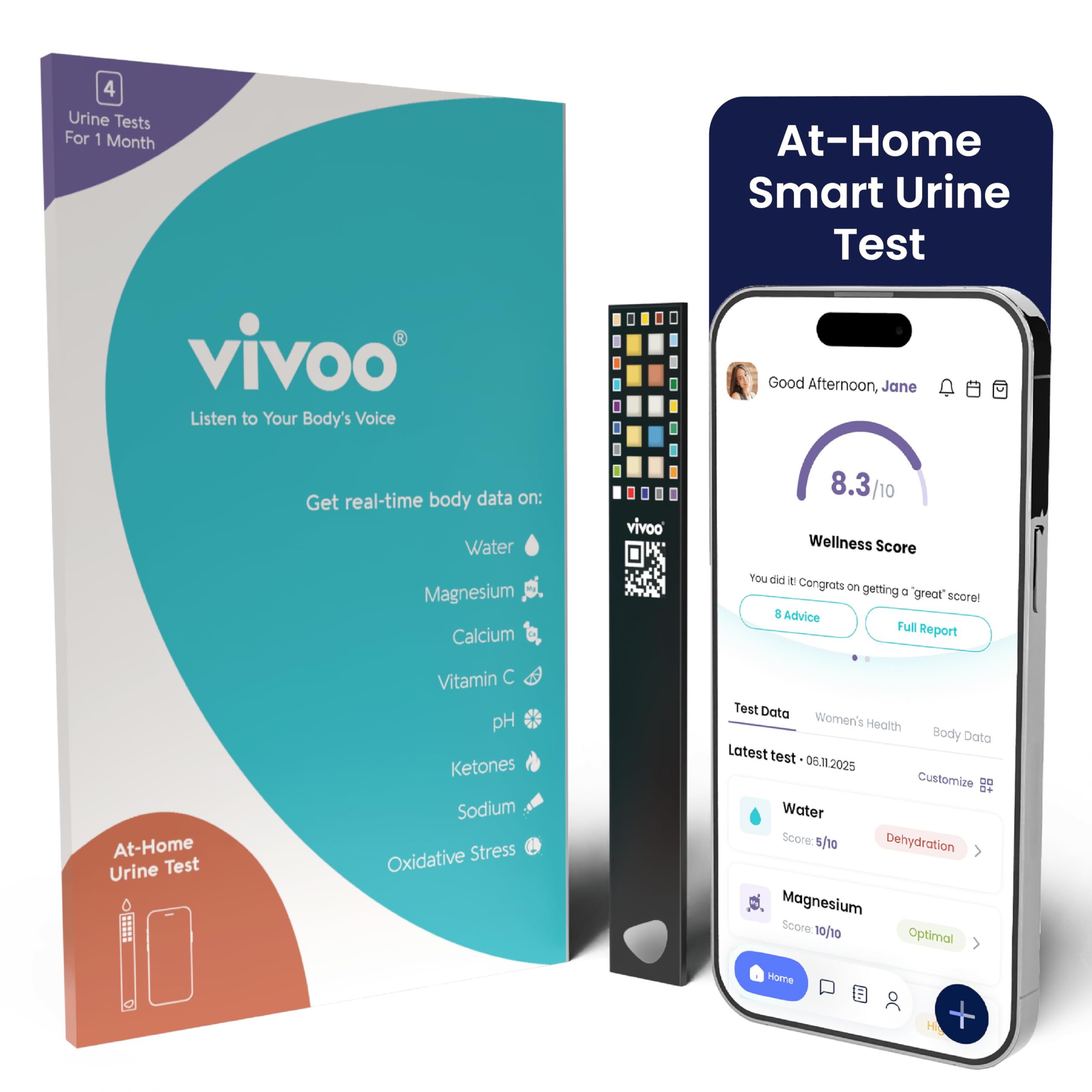 Vivoo Urine Test Strips for At-Home Wellness: 8-in-1 Advanced Urine Test for Ketones, pH, Hydration, Calcium, Vitamin C & More | Fast Results in 90 Seconds | Free App & Personalized Insights, 4 Strips