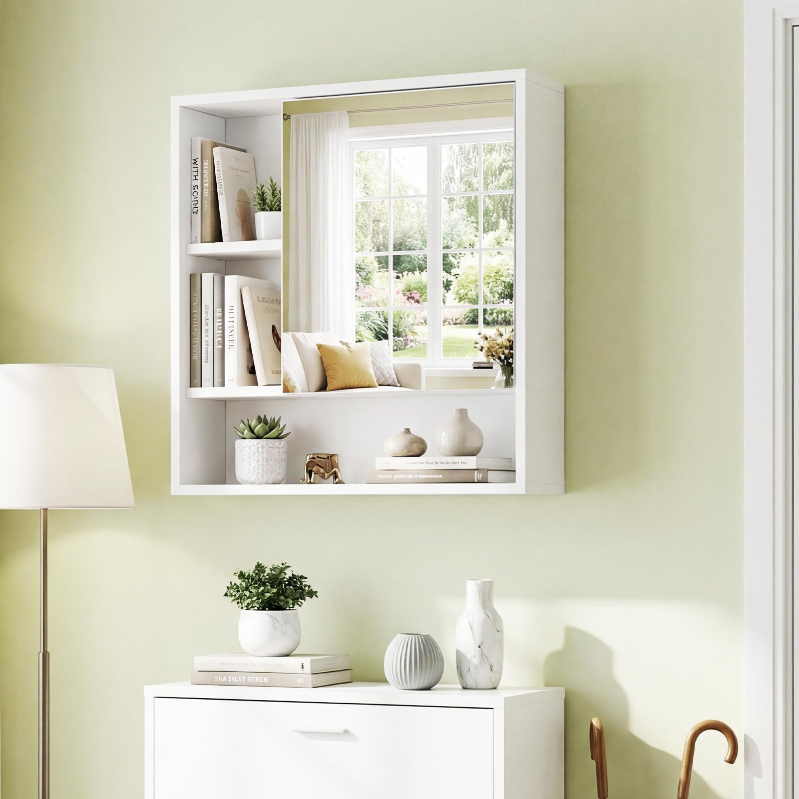 COSTWAY Mobile Bagno con Specchio da Parete in Legno, Bianco