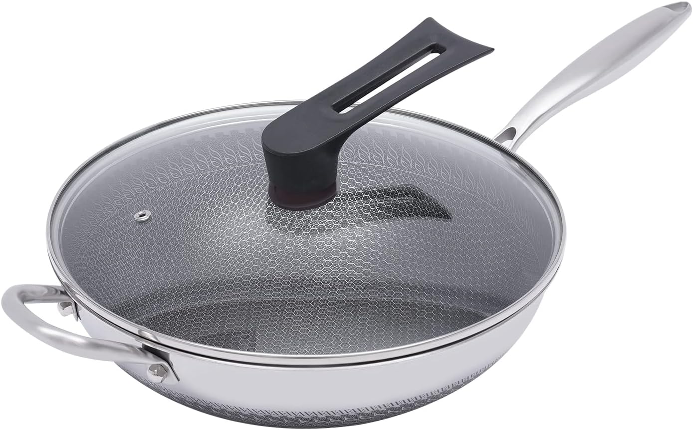 Wok Pan with Lid - 12 Nonstick Wok, Flat Bottom Chinese wok for Electric, Induction and Gas Stoves