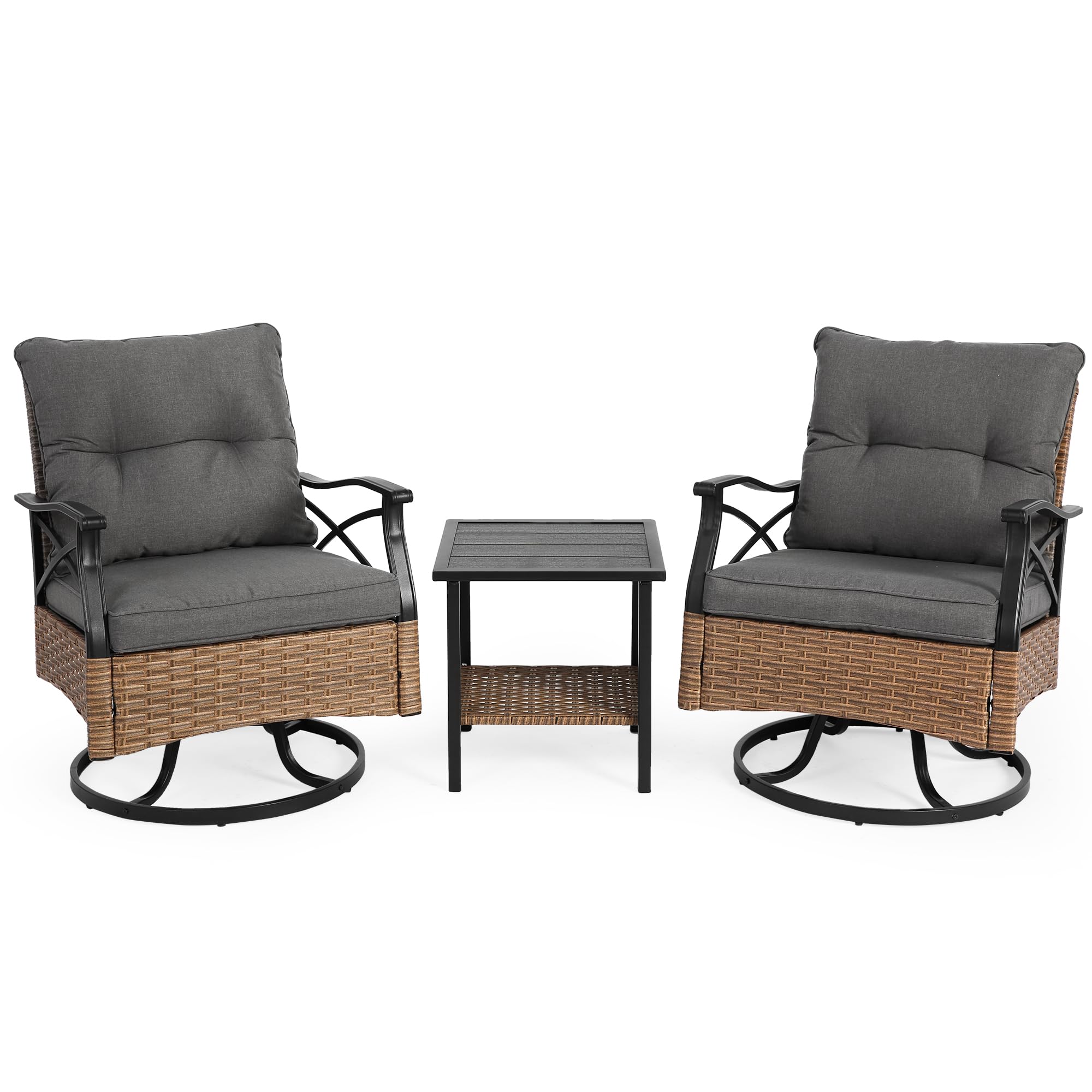 Villeston Patio Swivel Rocker Chairs and Table Bistro Set, Outdoor 3 Piece Wicker Conversation Furniture Set, 360° Rattan Rocking Chair with Cushions,
