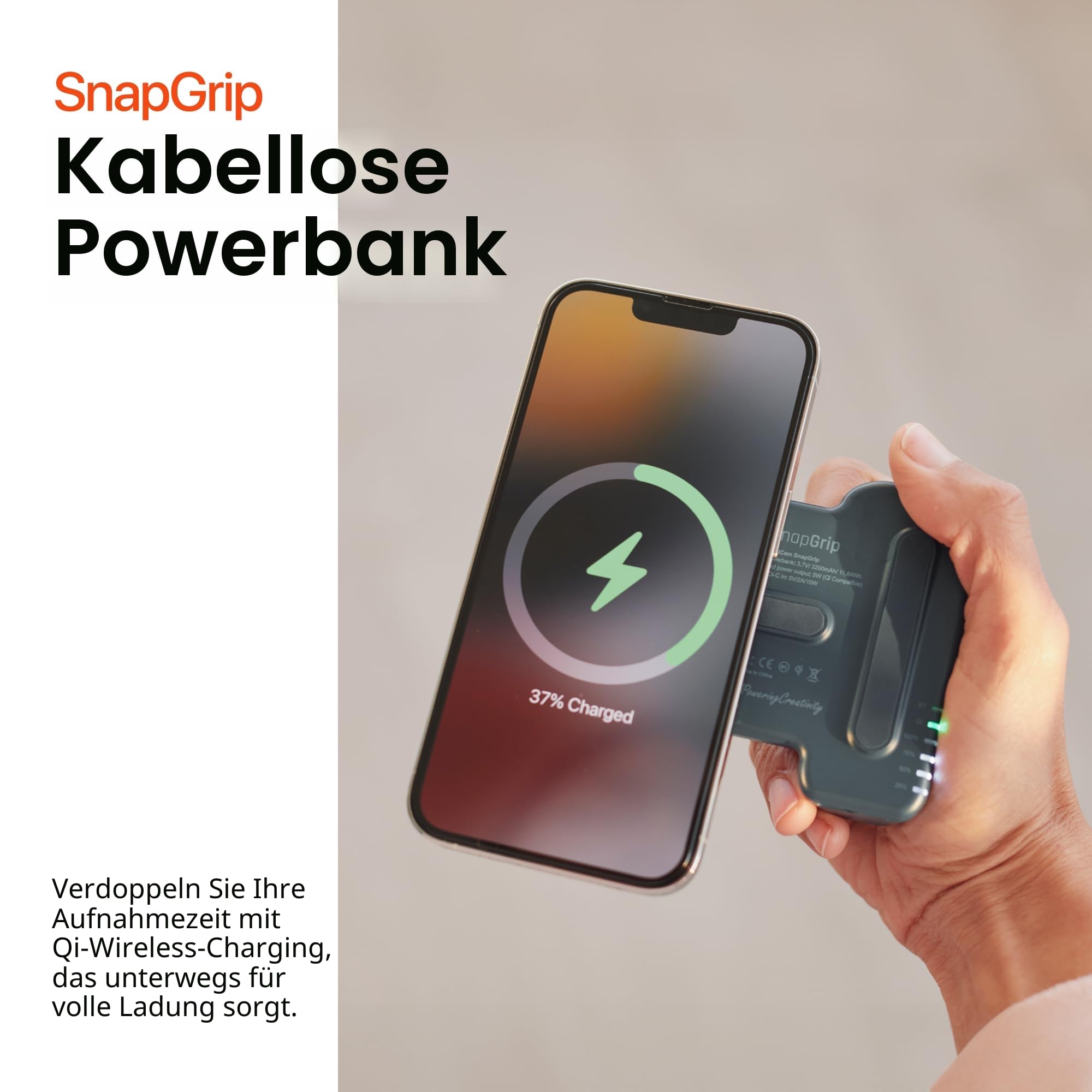 ShiftCam SnapGrip - mobiler Akkugriff mit kabellosem Auslöser - Magnethalterung passt auf jedes Handy - integrierte Powerbank mit kabellosem Qi-Laden (Midnight)