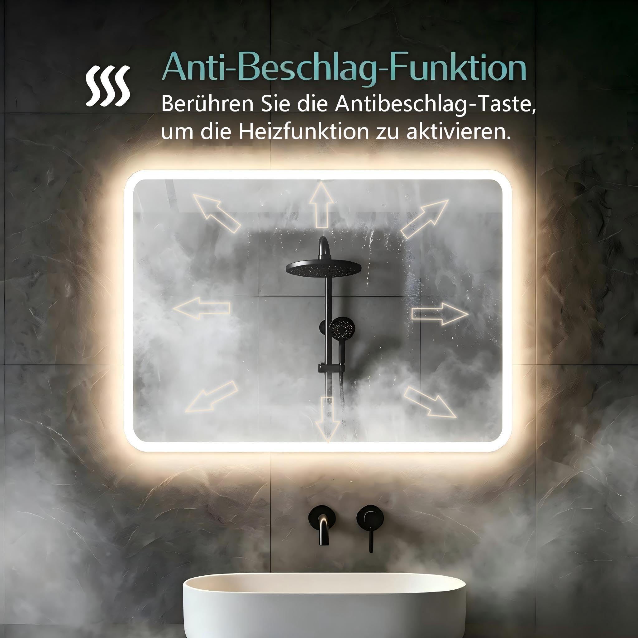 MIQU Badspiegel LED 80 x 60 cm Badezimmerspiegel mit Beleuchtung Groß Spiegel mit Licht Touch dimmbar Rechteckig Wandspiegel mit Bluetooth + Steckdose +Beschlagfrei + 3 Lichtfarben
