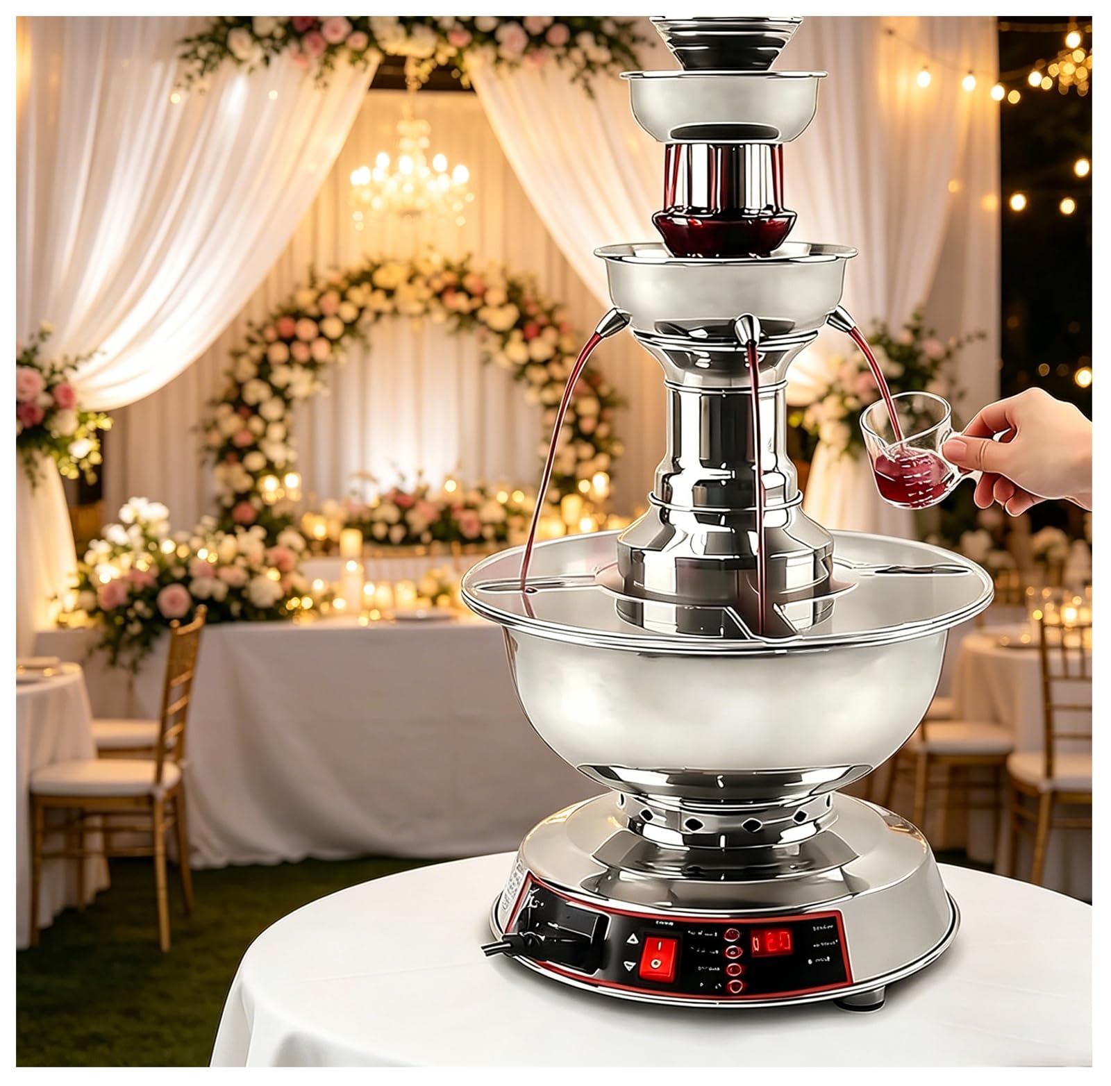 GERAZAHO 3-Tier Drink Fountain Beverage Dispenser, Electric Stainless Steel Wine Fountain Machine, with 0-100℃ Temperature Adjustment, for Wedding, Birthday, Festival