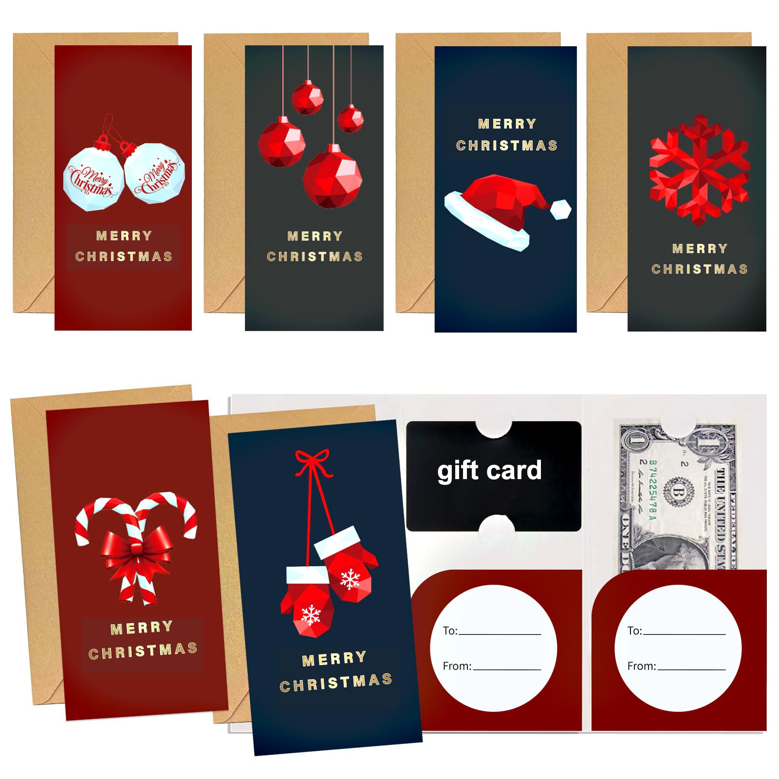 Lot de 96 cartes de Noël avec enveloppes, cartes de Noël amusantes pour offrir de l'argent liquide, cartes de Noël amusantes