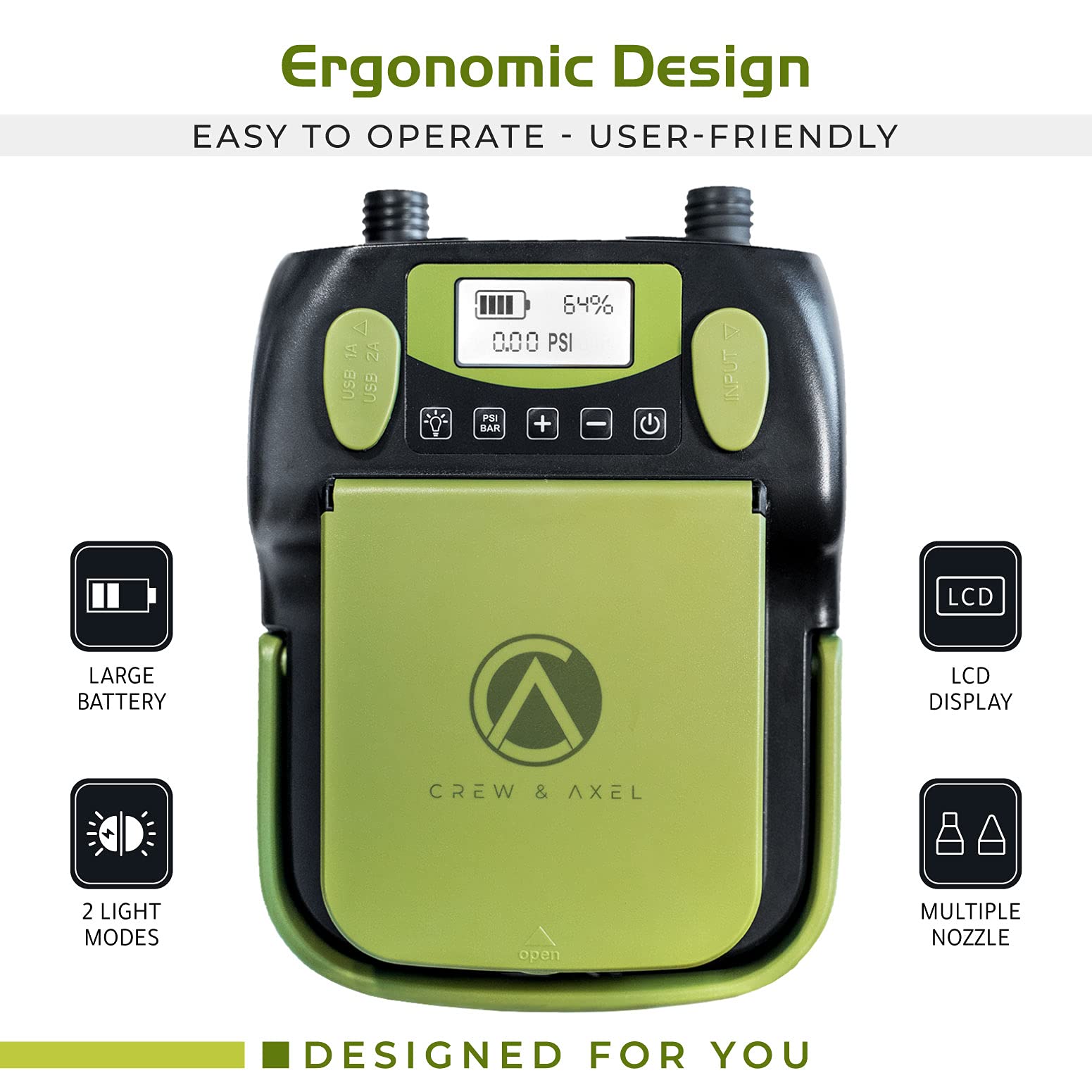 Crew & Axel Rechargable Electric Paddle Board Pump (Wireless) â€“ (20PSI, 12V) Portable Air Compressor Also for Inflatable SUP, Kayaks, Pools, Boats, Stand up Boards - 6000 MAH Battery Green