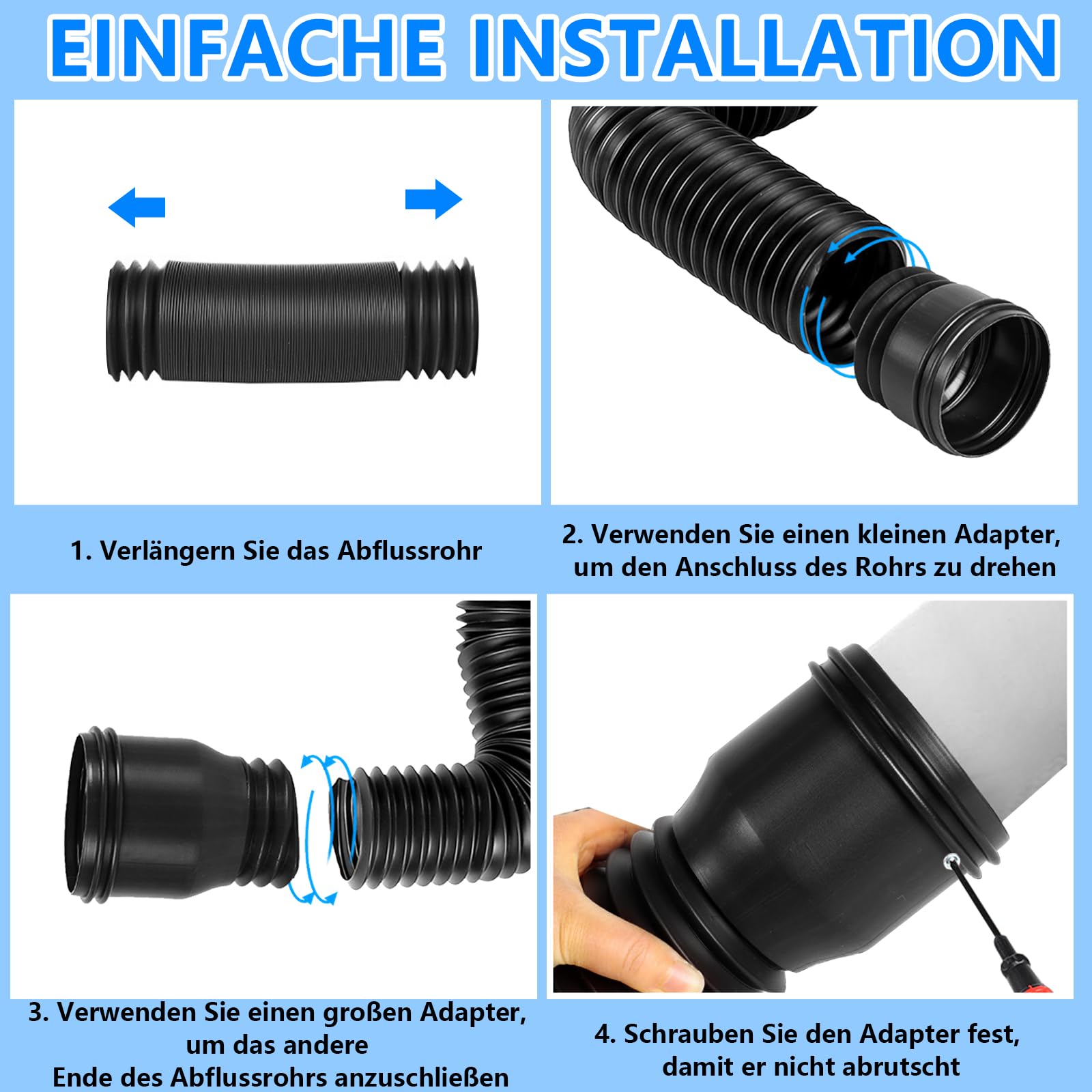 Fallrohr Dachrinne Flexible Verlängerung Erweiterungsset, Fallrohrverlängerungen Flexibel Rund für Fallrohr 80/100 mm, Dehnbare Regenrinne Verlängerung von 47 bis 150 cm (Schwarz, 1 Stück)